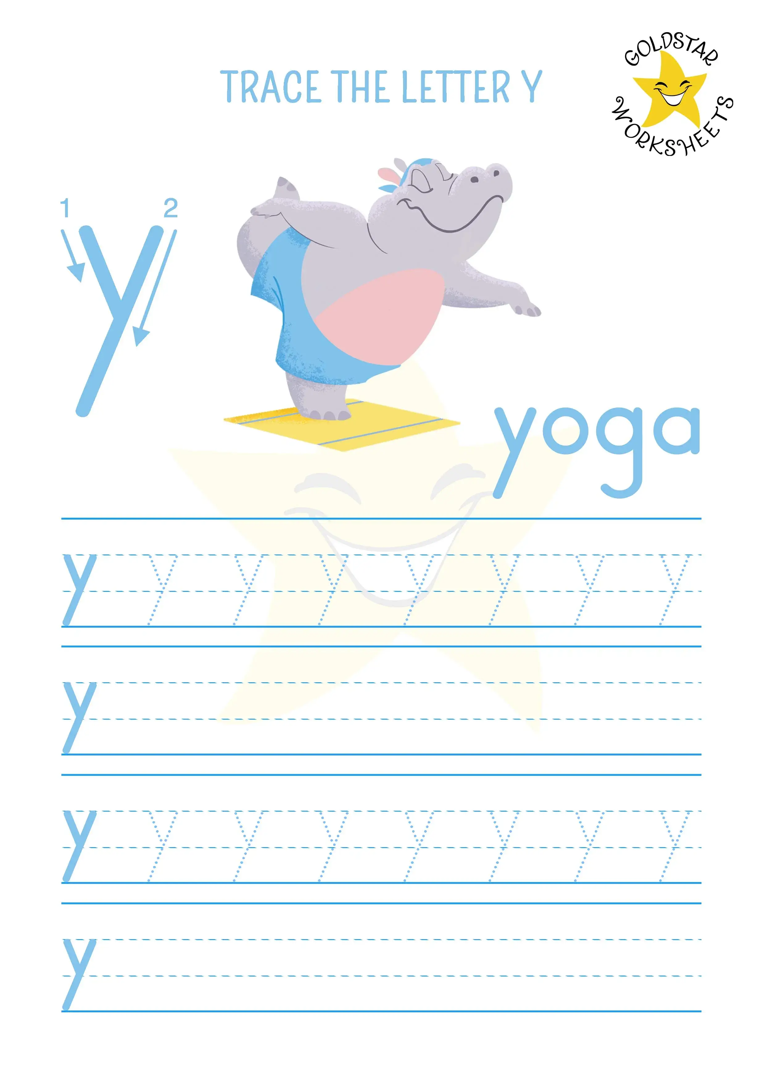 Lowercase letter y tracing and writing worksheet with a Hippo doing yoga