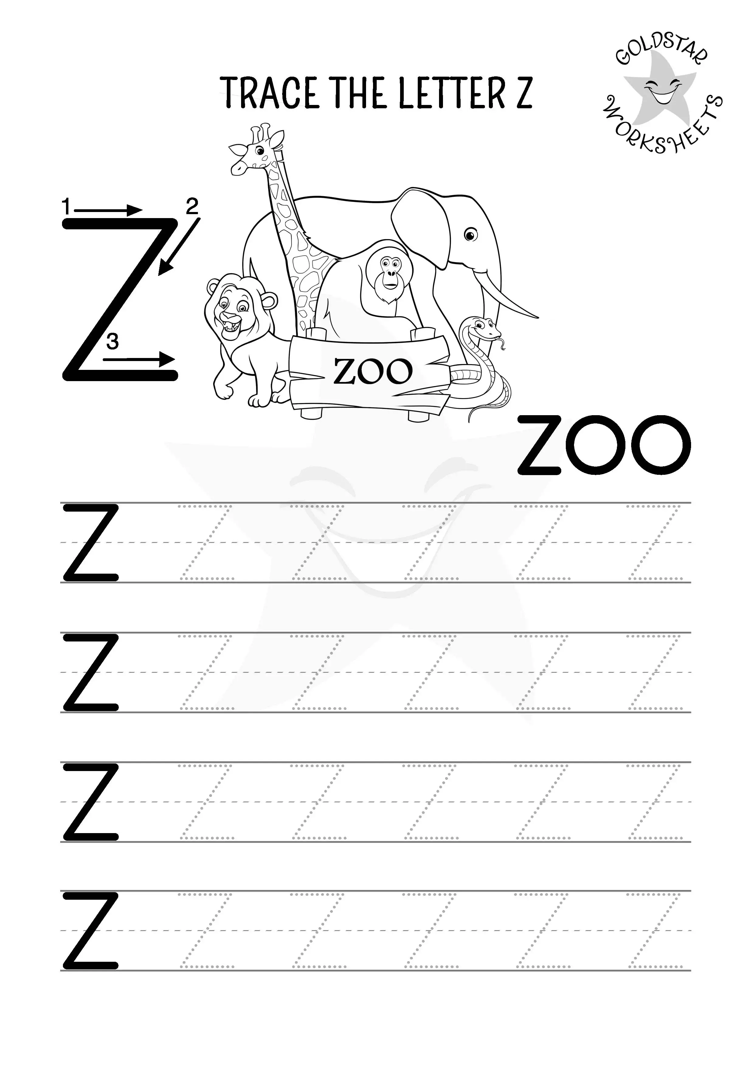 Free printable capital letter Z tracing worksheet for kids. Color in the fun zoo scene. 