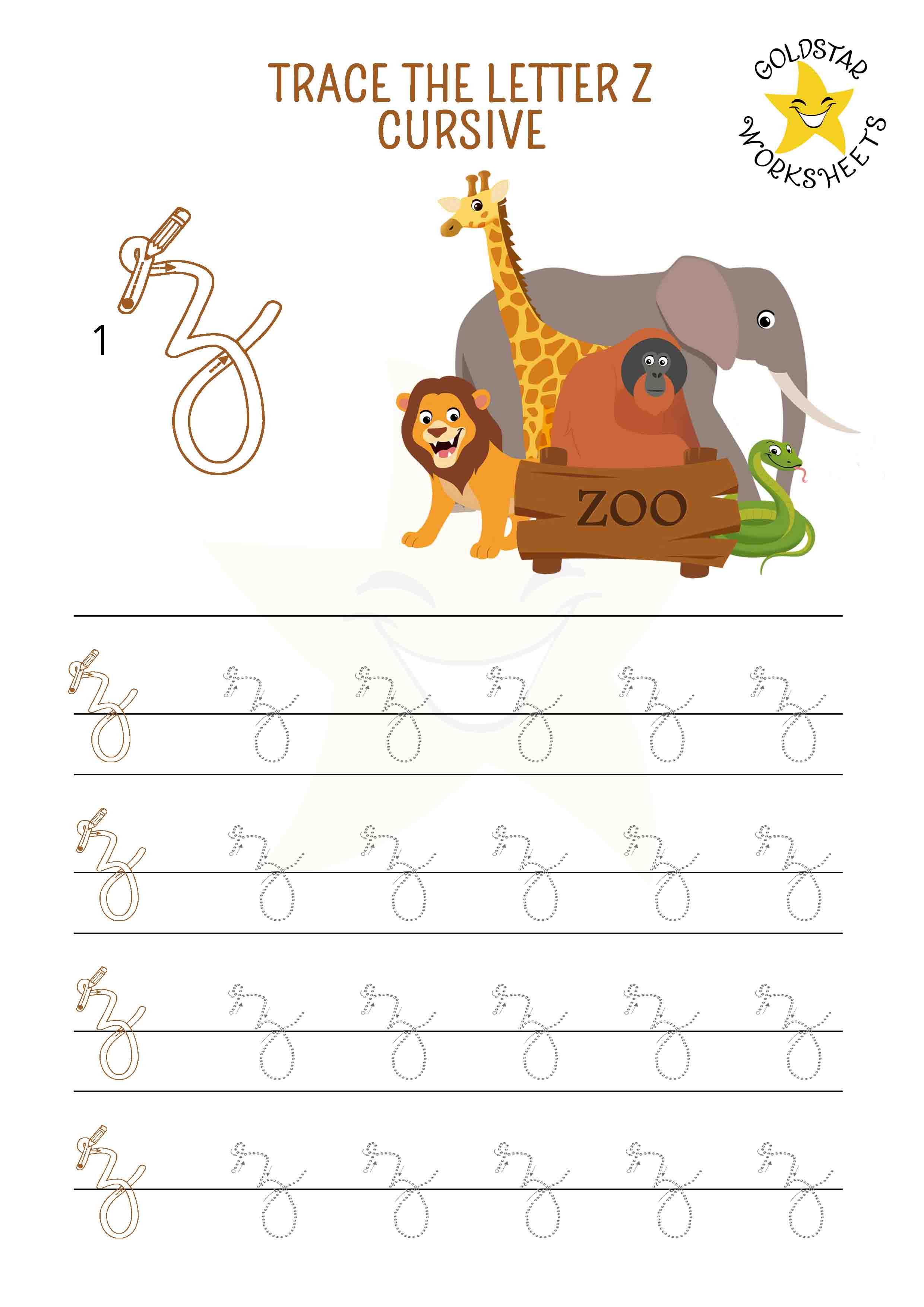 Lowercase cursive letter z tracing worksheet with a delightful zoo scene. Free printable for kids. 4 rows of small z writing with stroke order and directional arrows.