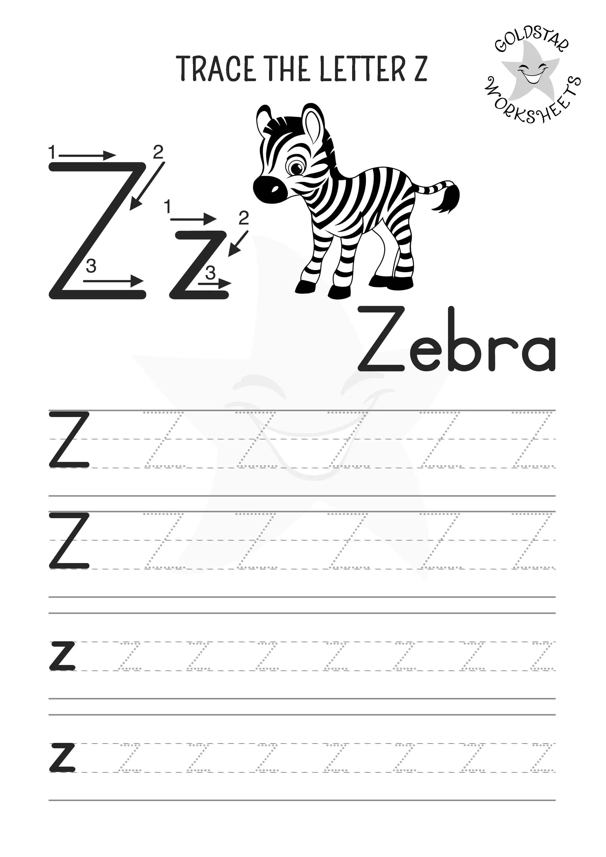 Z for Zebra - Letter Z tracing worksheet with uppercase and lowercase letters. Black and white design for coloring.