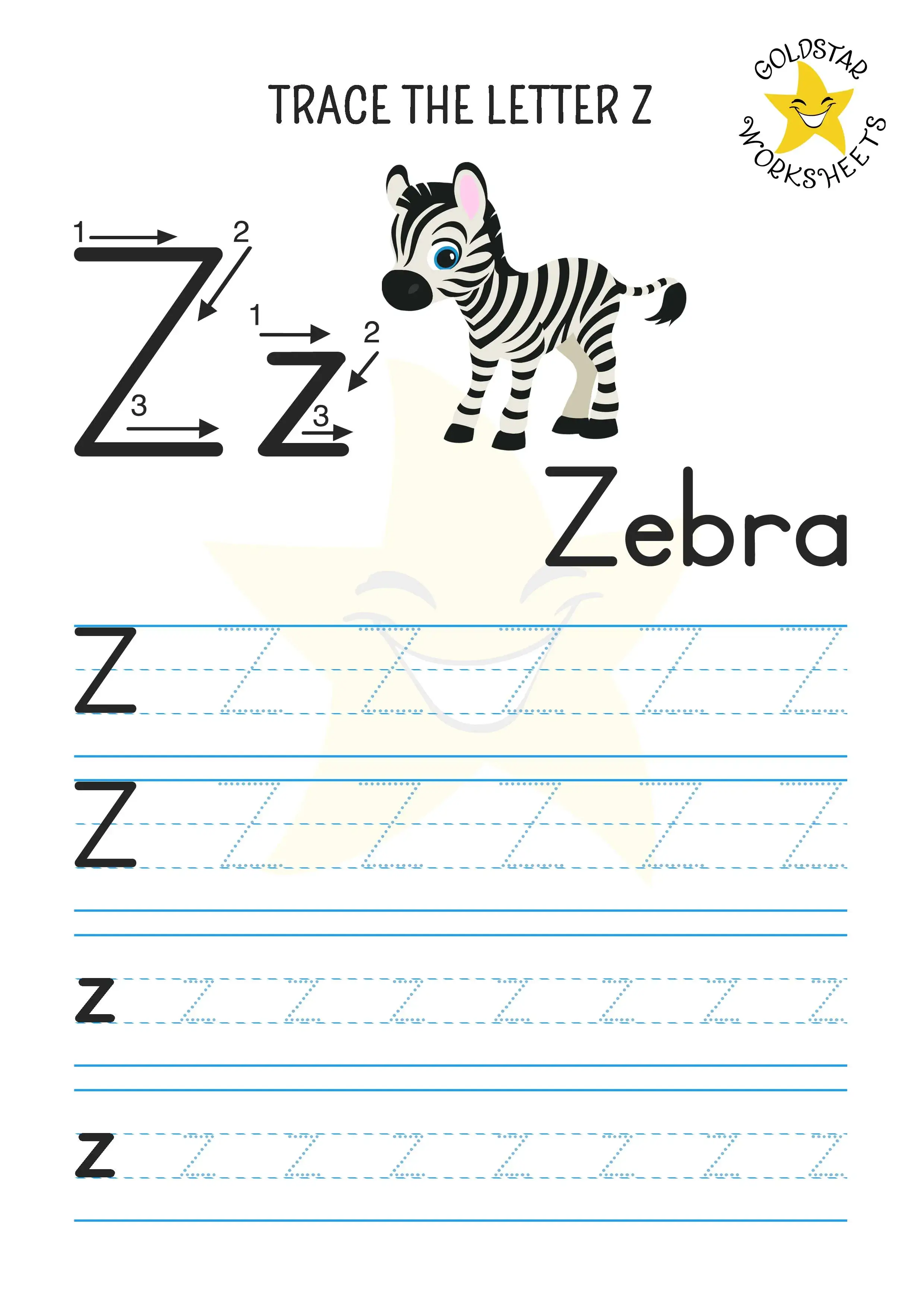 Z for Zebra - Letter Z tracing worksheet with uppercase and lowercase practice