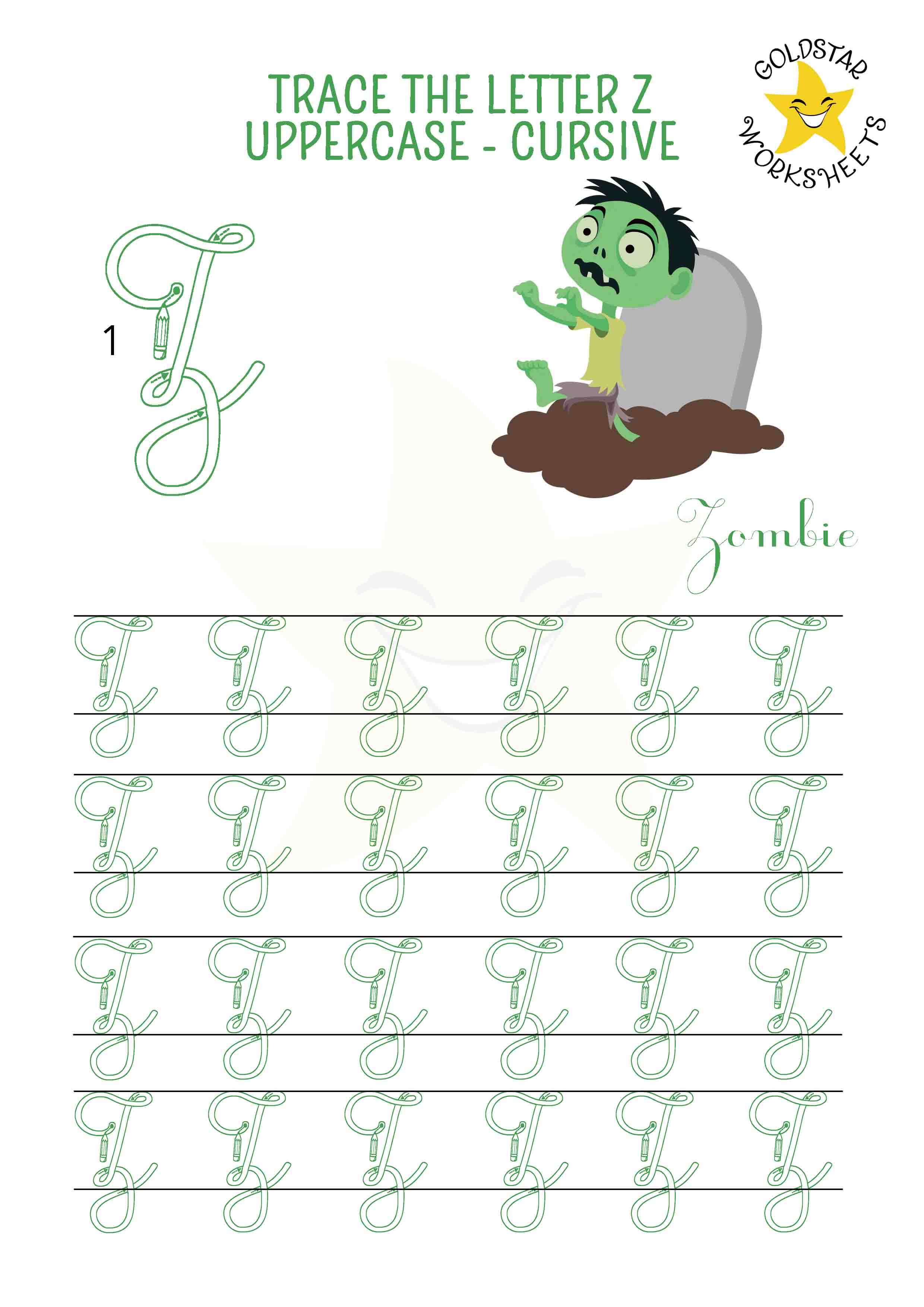 Uppercase cursive letter z tracing worksheet with a zonked out zombie. Free printable for kids. 4 rows of capital Z writing with stroke order and directional arrows.