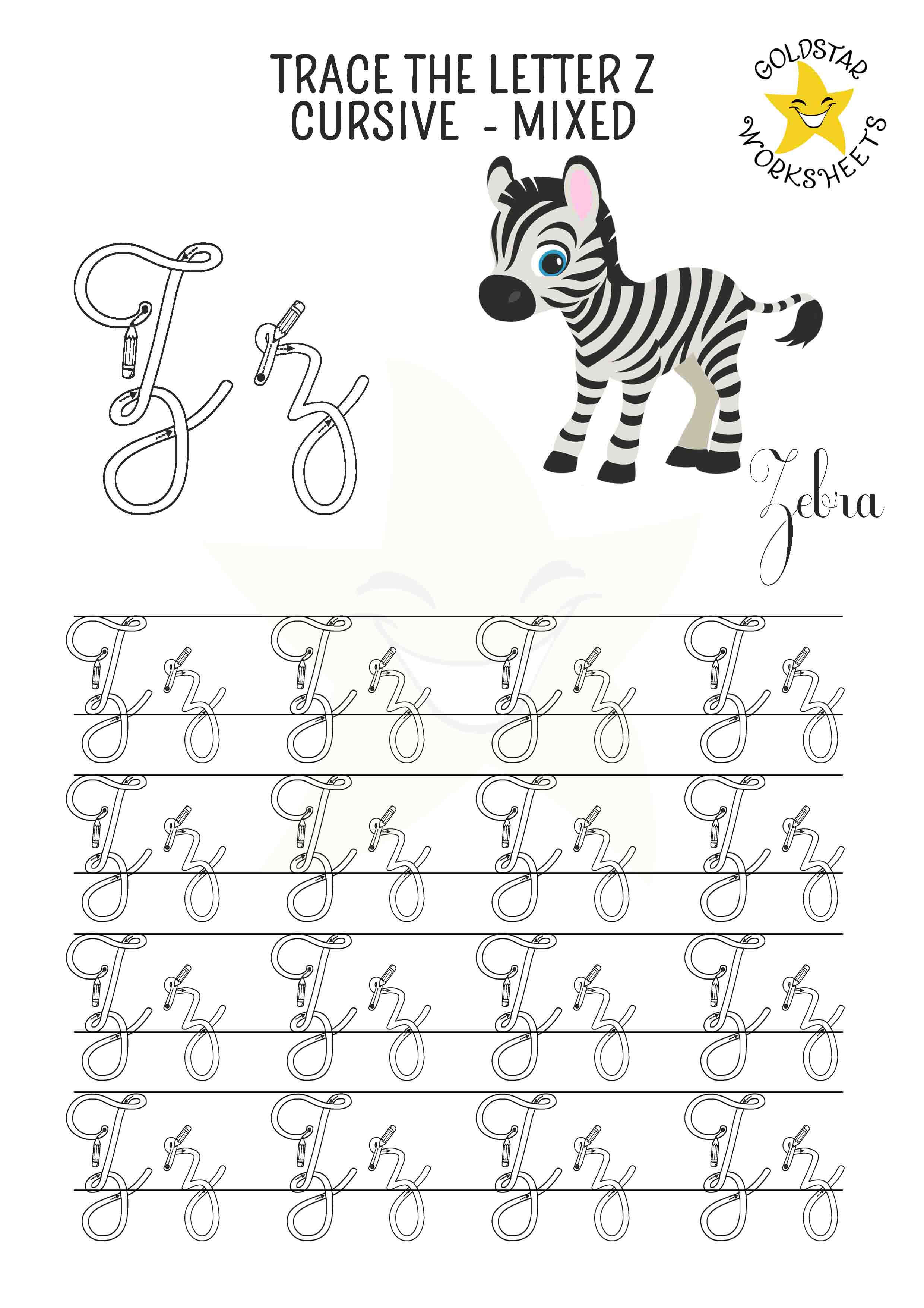 Upper and lowercase cursive letter Z tracing worksheet. This mixed practise sheet features a cute zebra. Free printable PDF for 2nd and 3rd grade kids practicing cursive handwriting. 4 rows of capital z and small z cursive tracing includes directional arrows.