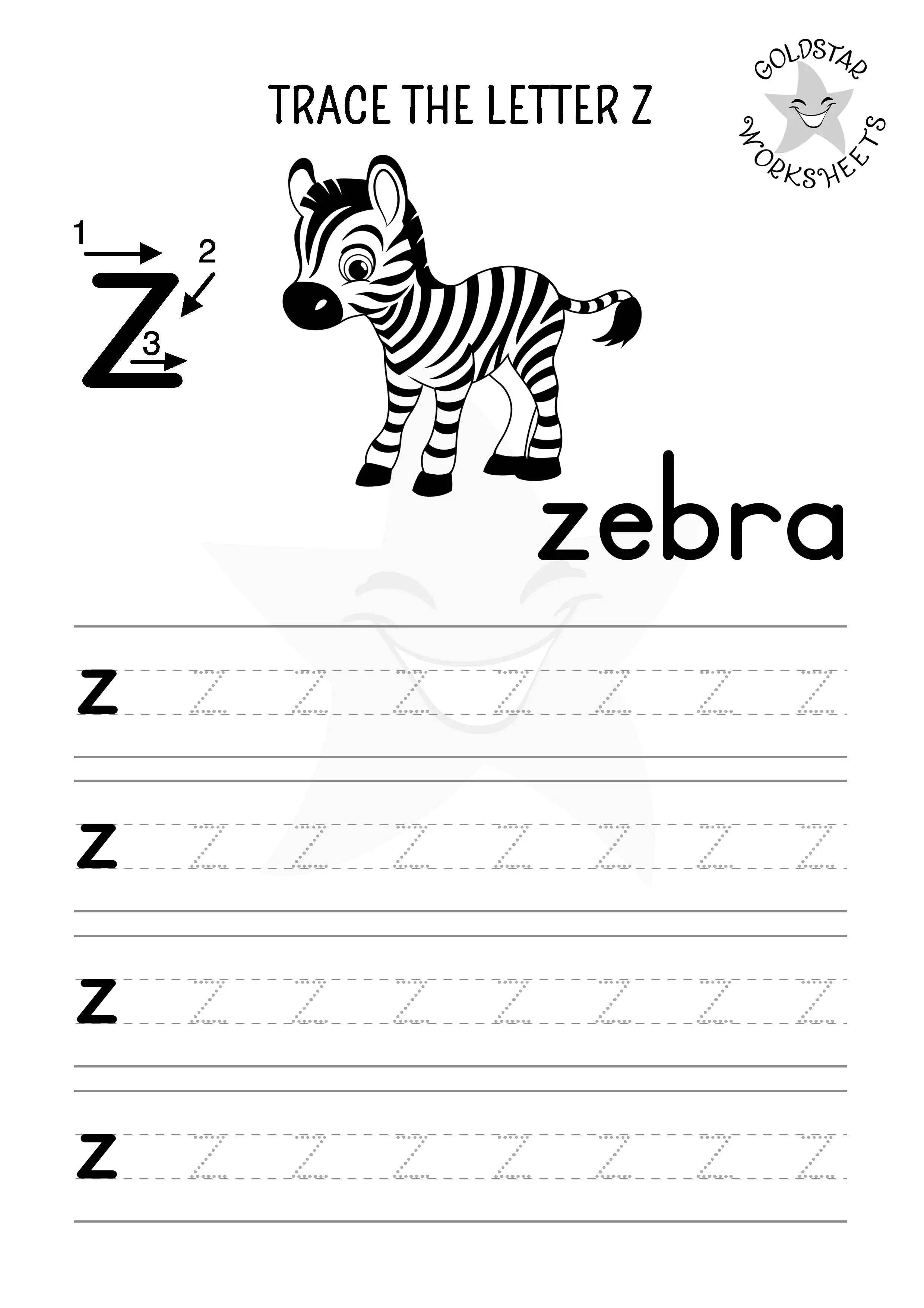 Lowercase z tracing and coloring worksheet for preschool kids. Z for Zebra