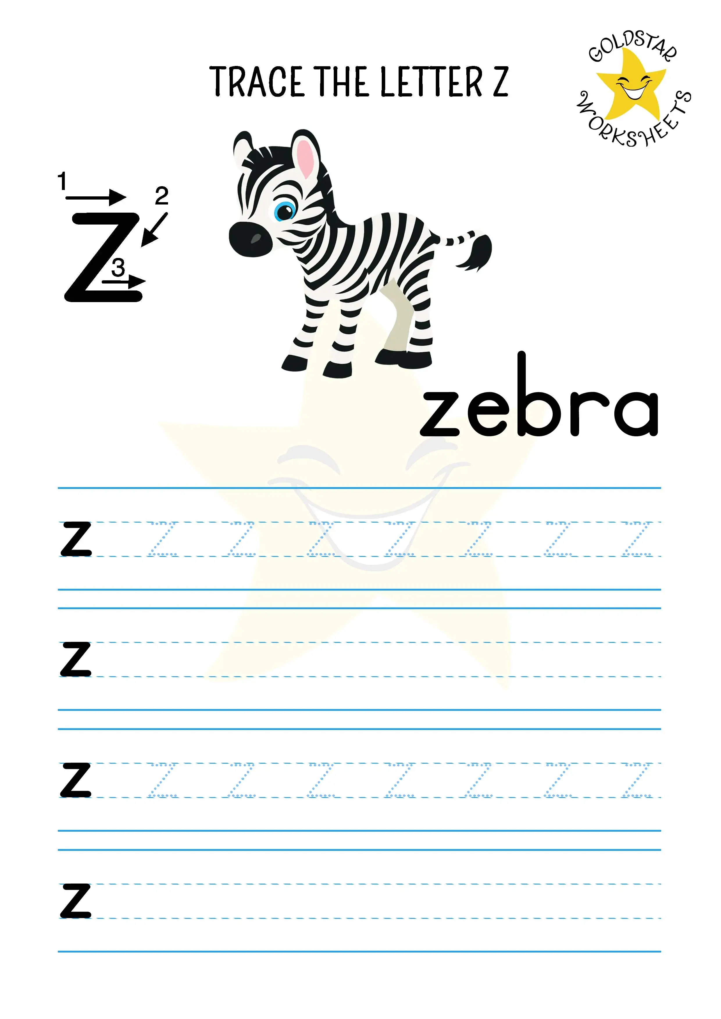Lowercase z tracing and writing worksheet for preschool kids. Z for Zebra