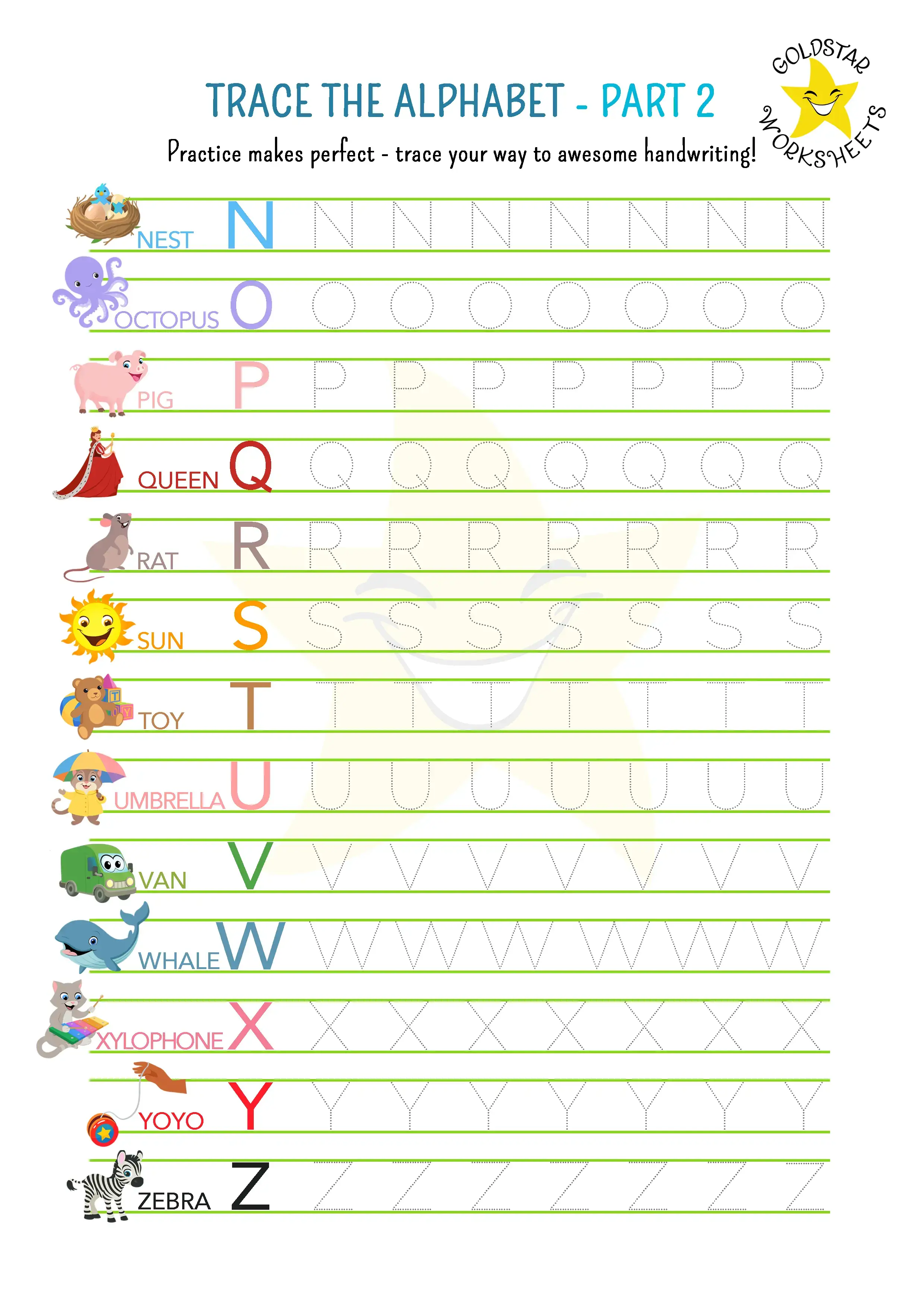 Trace uppercase N-Z (page 2 of 2)