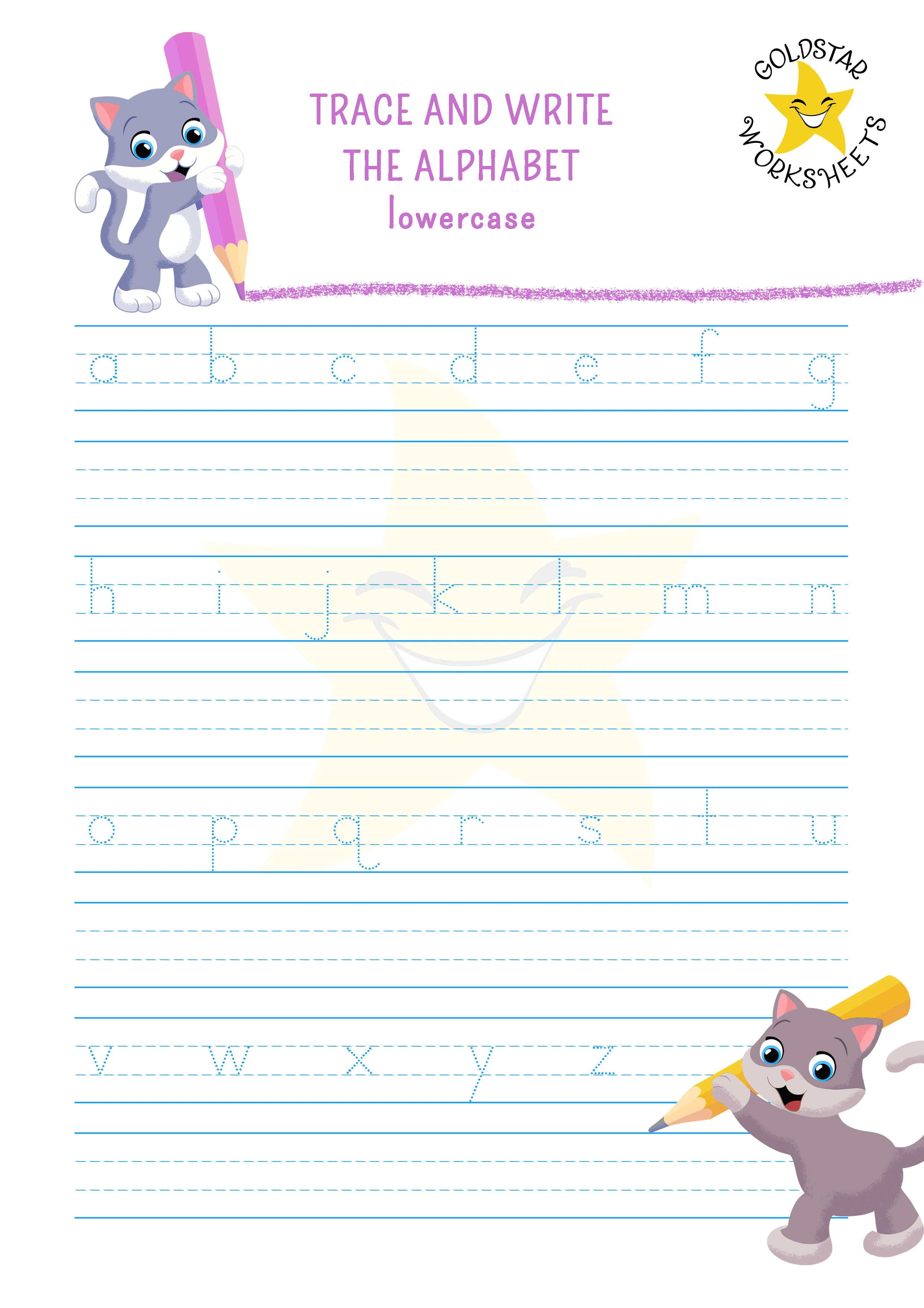 Trace and Write the Lowercase Alphabet. Includes four lines, two dotted, to support correct letter sizing.