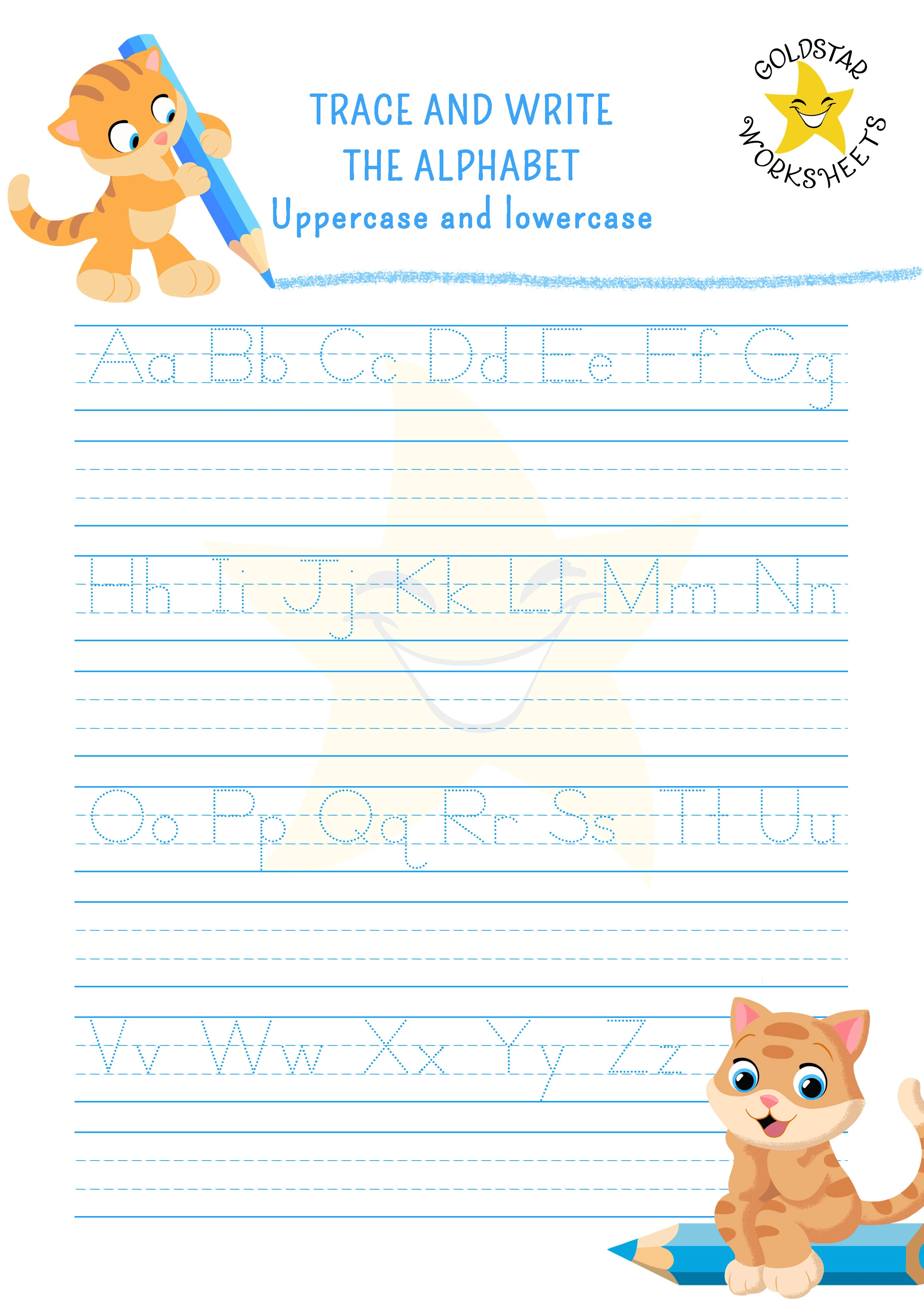 Tracing and Writing A-Z Upper and Lowercase Together. Four line style with dotted lines to guide letter size.