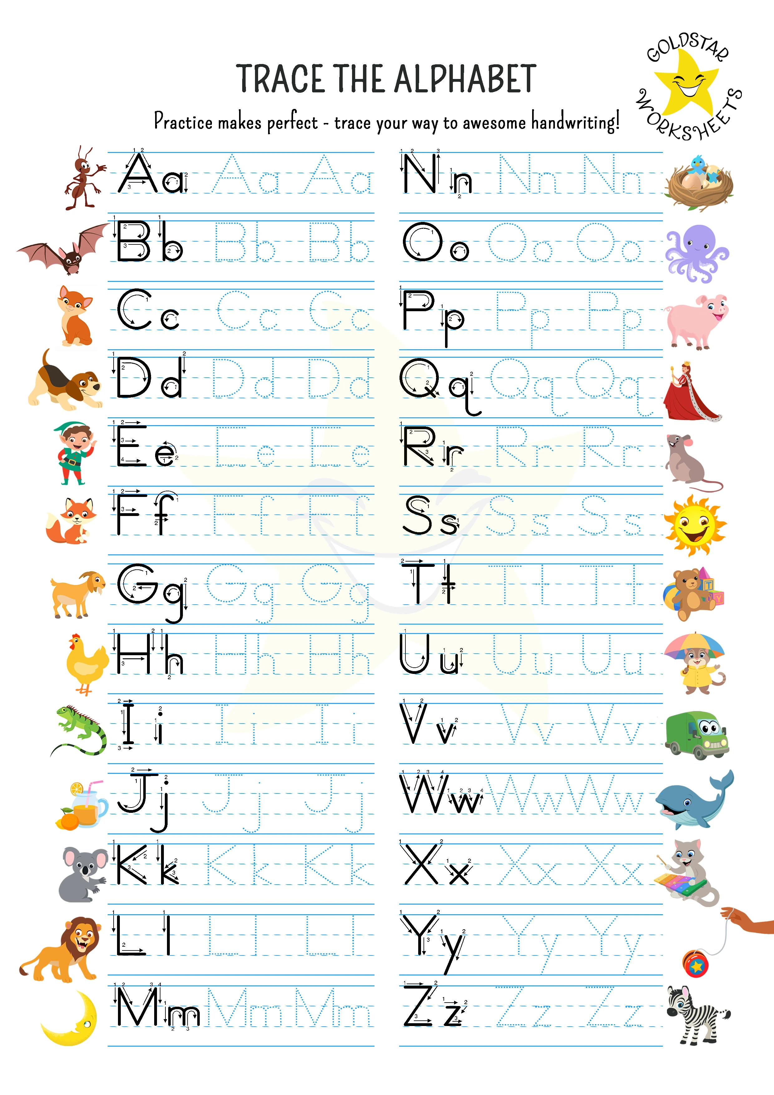 Four line alphabet tracing A-Z. Upper and lowercase together with dotted lines to guide letter size.