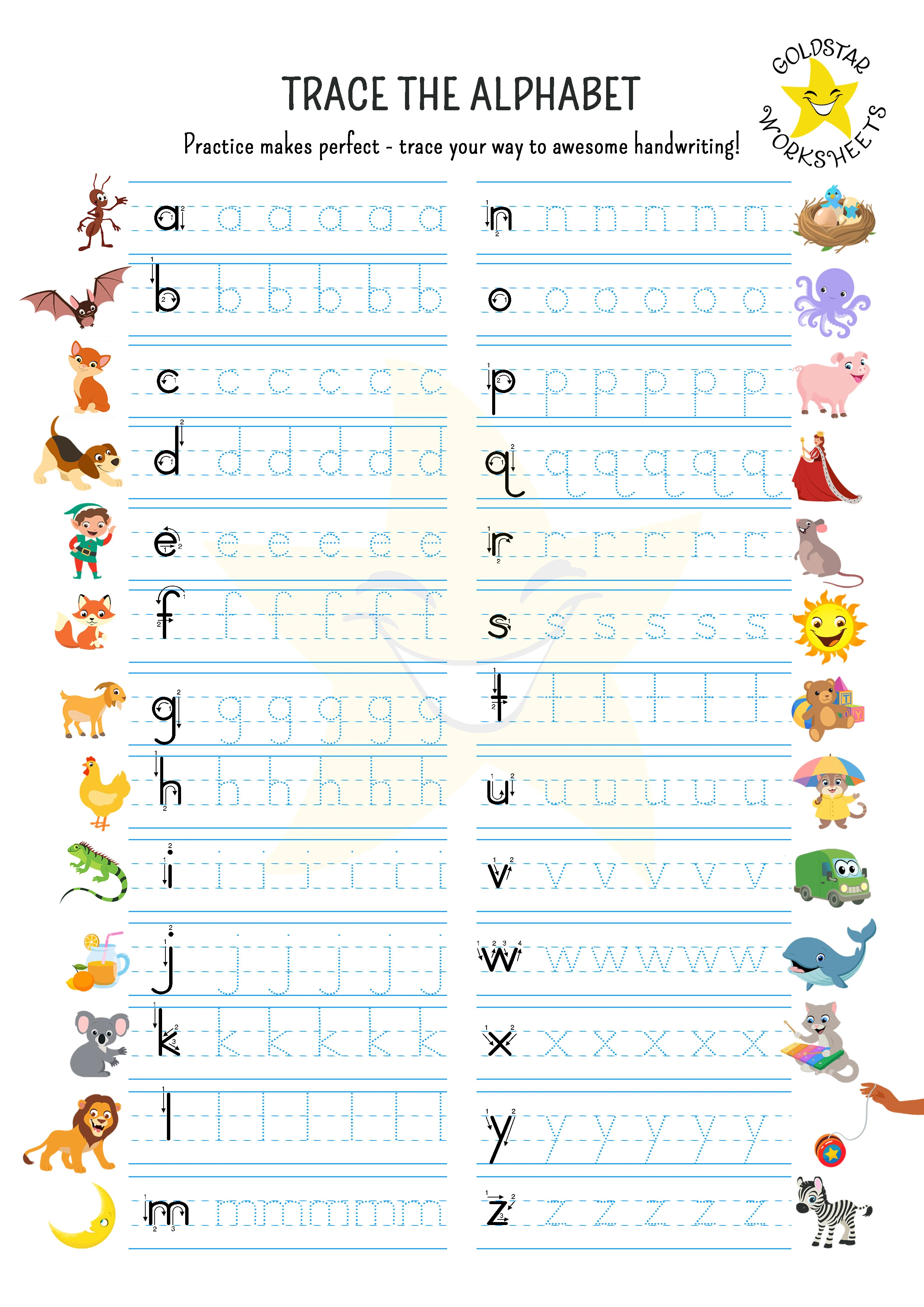 Trace the lowercase alphabet A-Z. Includes dotted support lines to guide letter size.