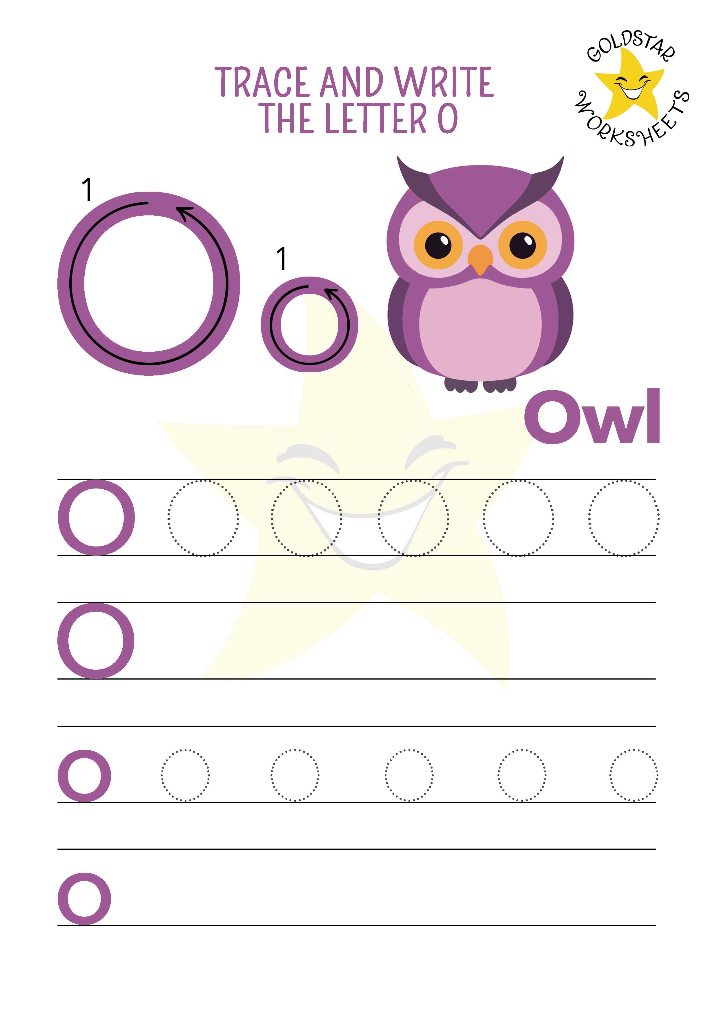 Free printable letter O trace and write worksheet with our moody owl. Ideal for preschool, this PDF writing sheet has both upper and lowercase tracing practice, includes a letter formation guide, and has 4 rows of handwriting practice, 2 with dotted lines to follow, and 2 without.