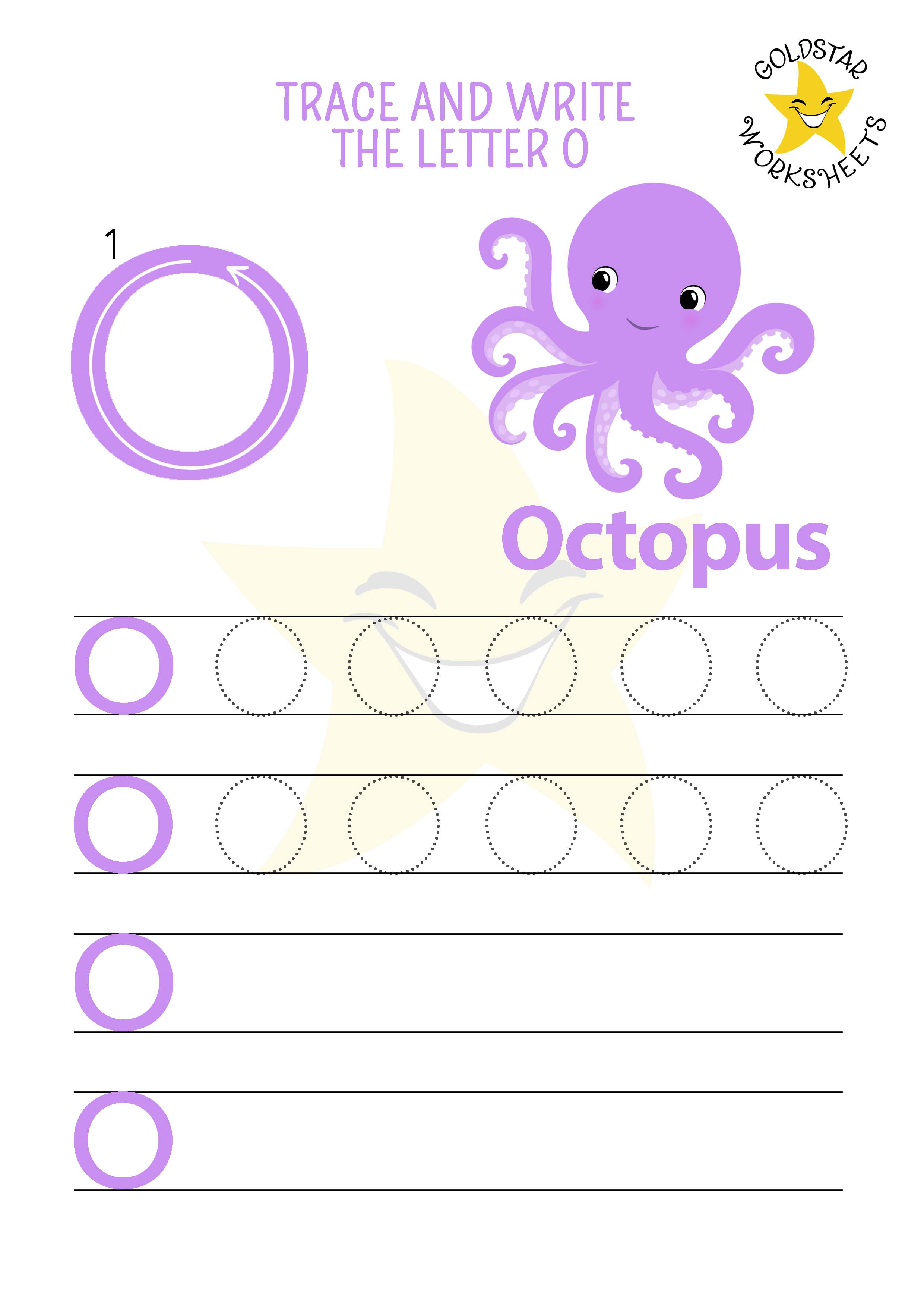 Letter O capital letter trace and write worksheet with our cute purple smiling octopus, ideal for preschool. This free PDF sheet includes letter formation guide and 4 rows of uppercase O writing practice, 2 with dotted lines, and 2 without.