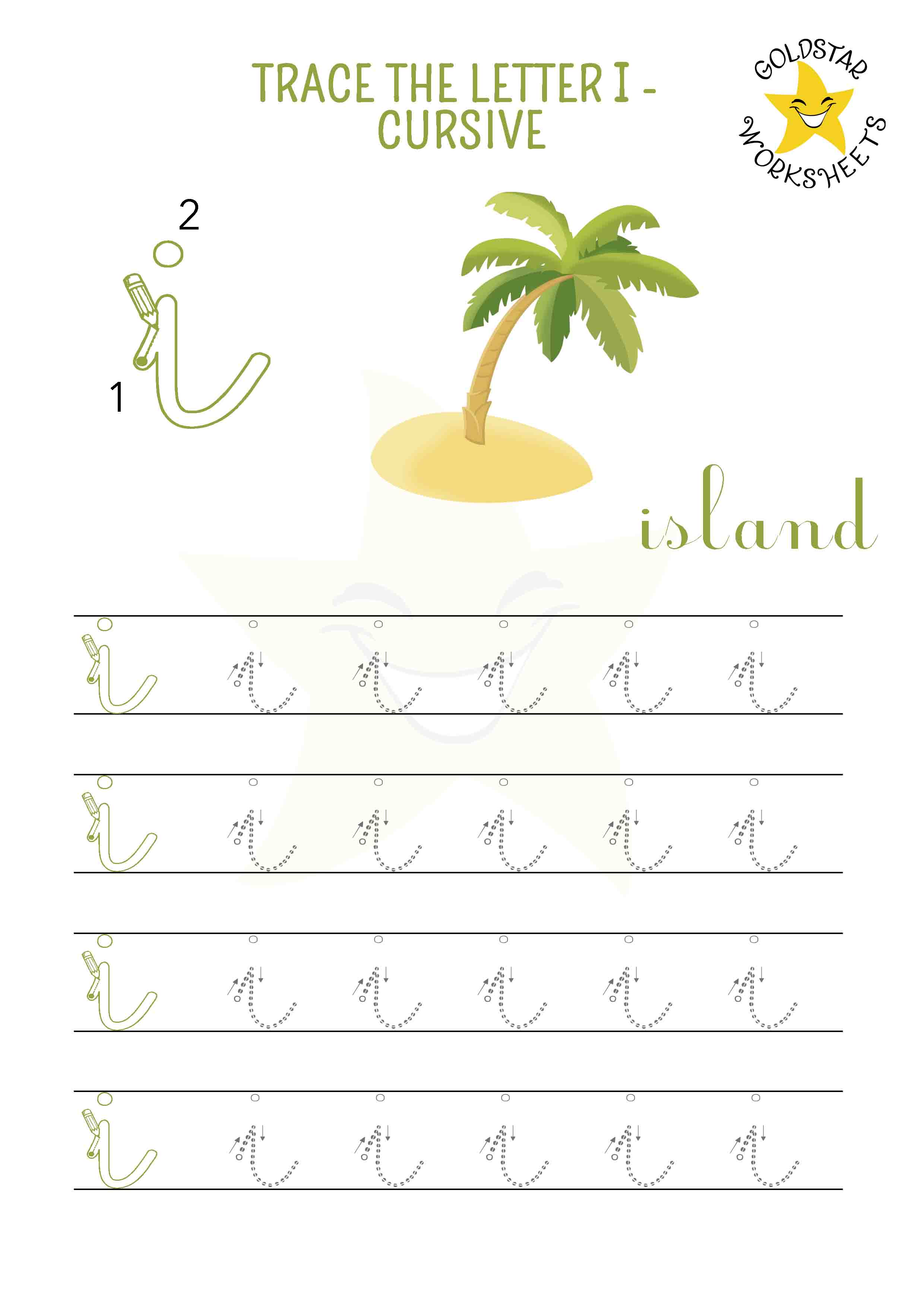 Lowercase cursive letter i tracing worksheet with a unique tropical island design. Free printable for kids learning handwriting. 4 rows of small i writing with stroke order and directional arrows.