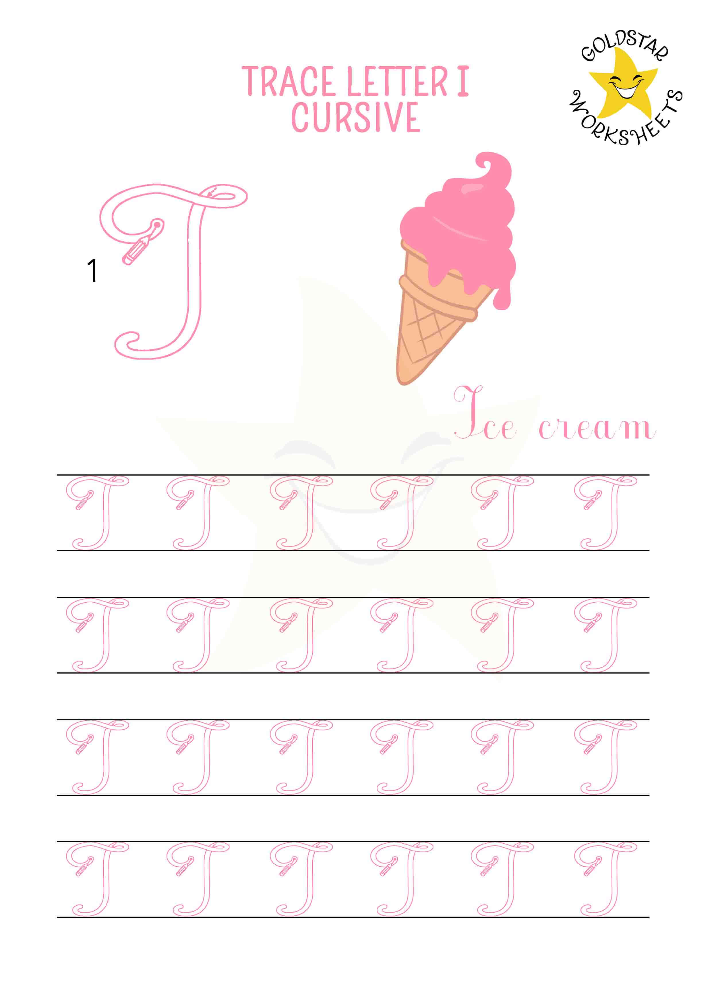 Uppercase cursive letter I tracing worksheet with a fun ice cream design. Free printable for kids learning handwriting. 4 rows of capital I writing with stroke order and directional arrows.