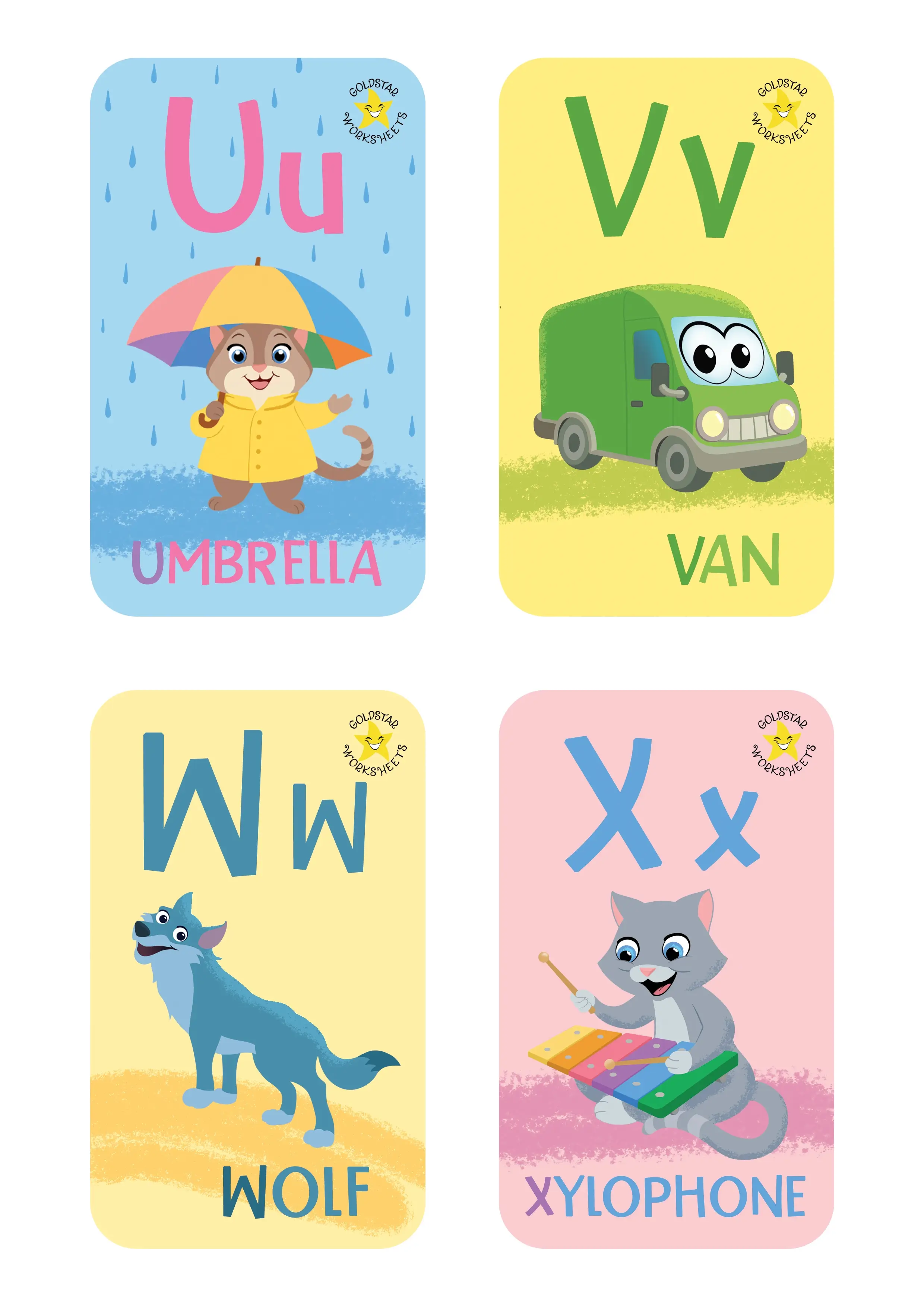 Alphabet flashcards for U-X. Showing U for Umbrella, V for Van, W for Wolf, and X for Xylophone.