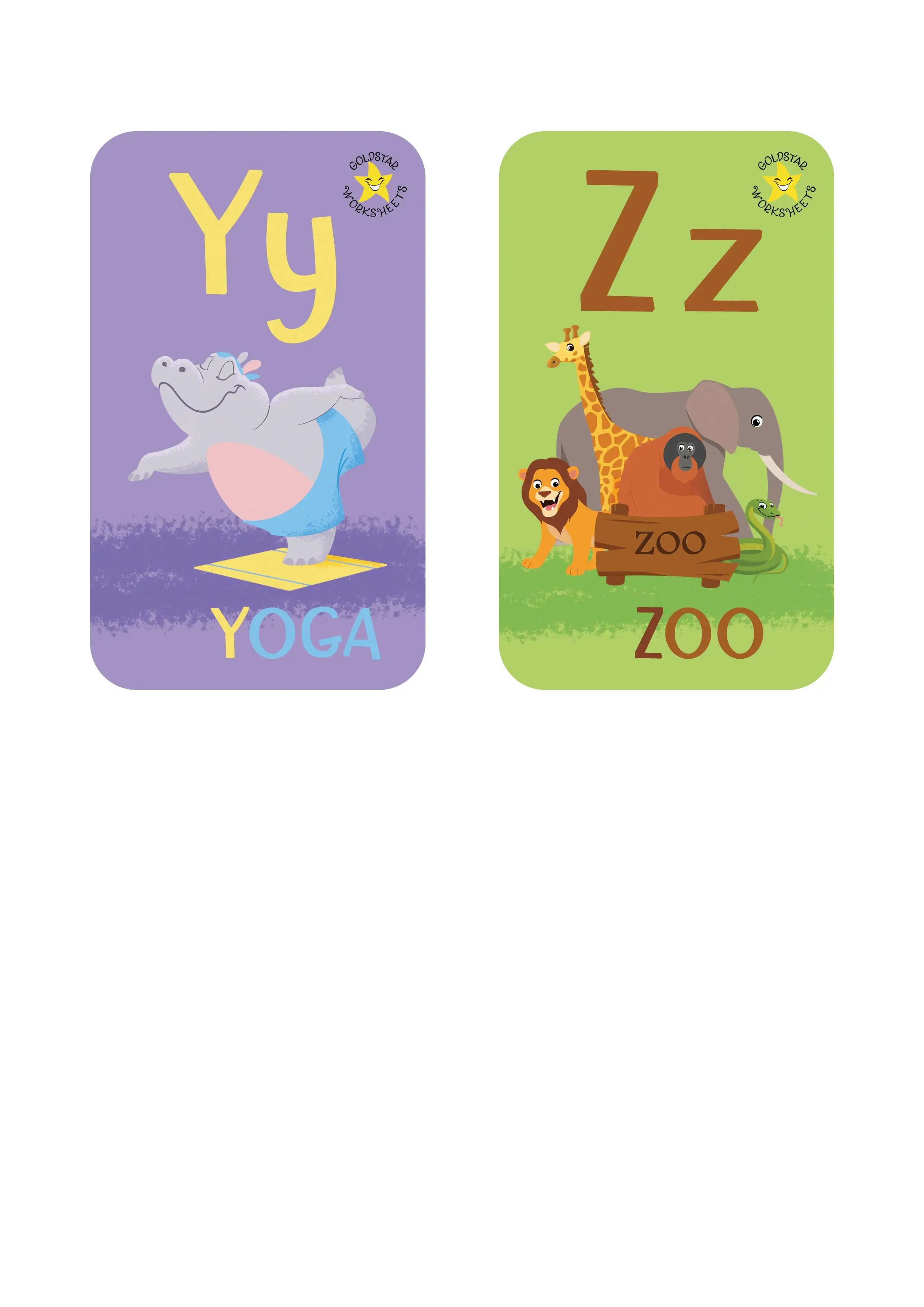 Alphabet flashcards for Y-Z. Showing Y for Yoga and Z for Zoo.