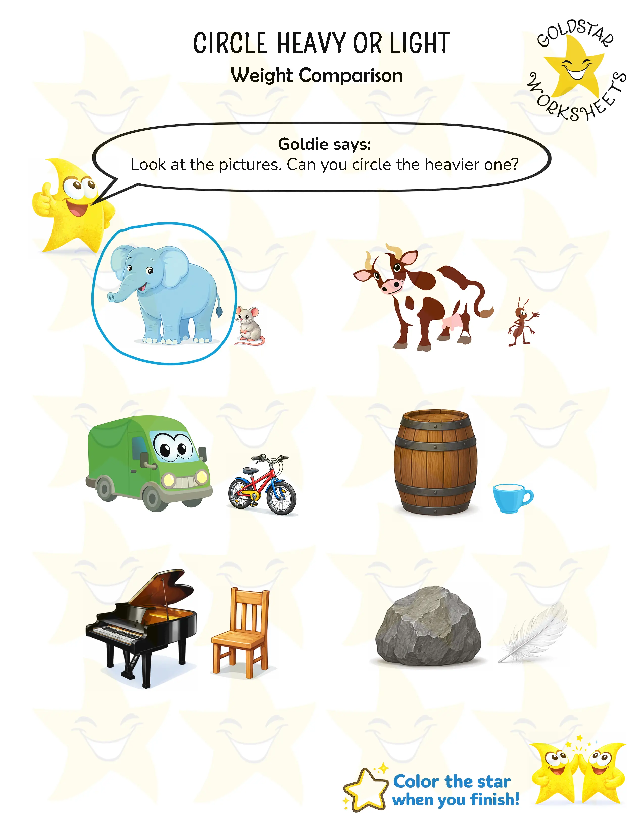 Heavy and Light Worksheets