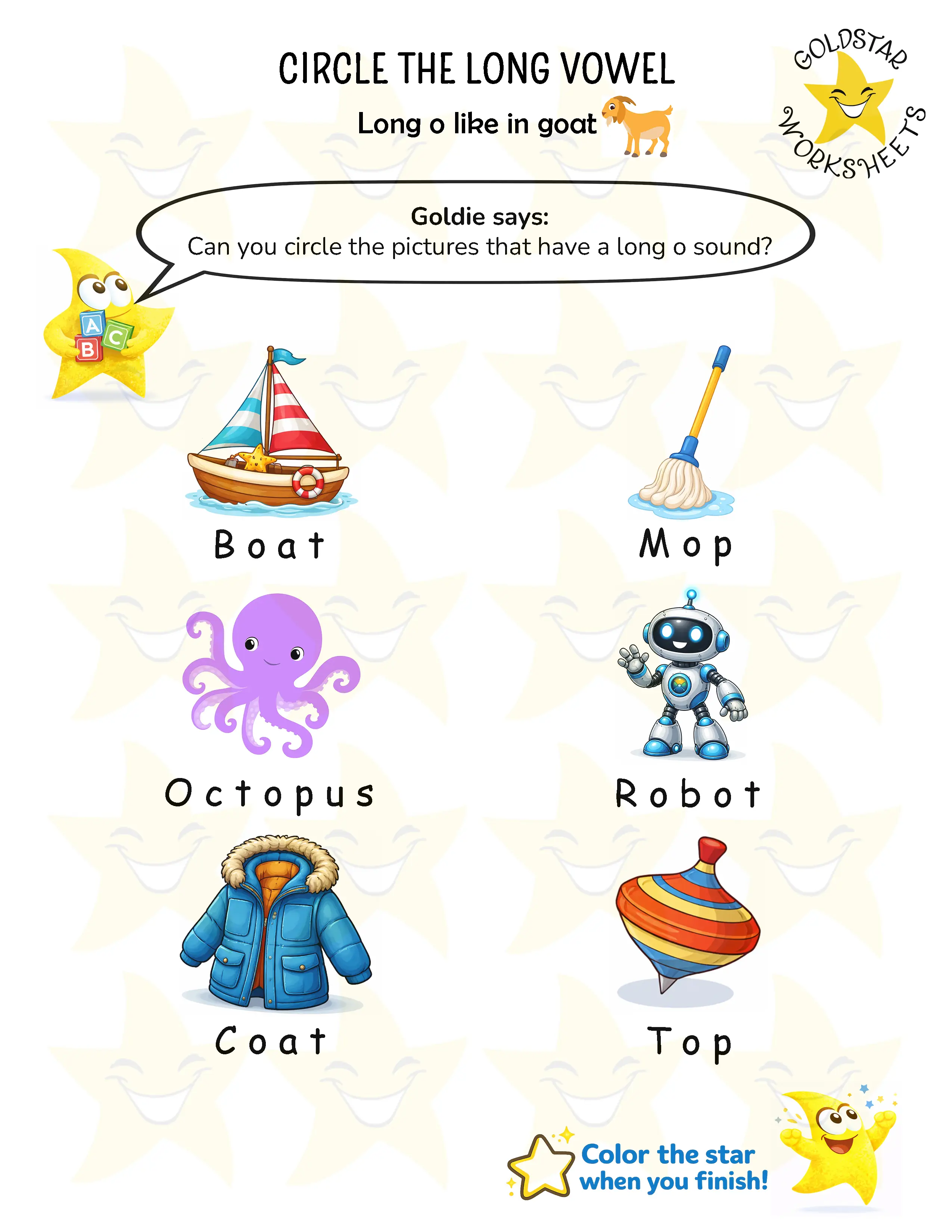Long vowel O worksheets