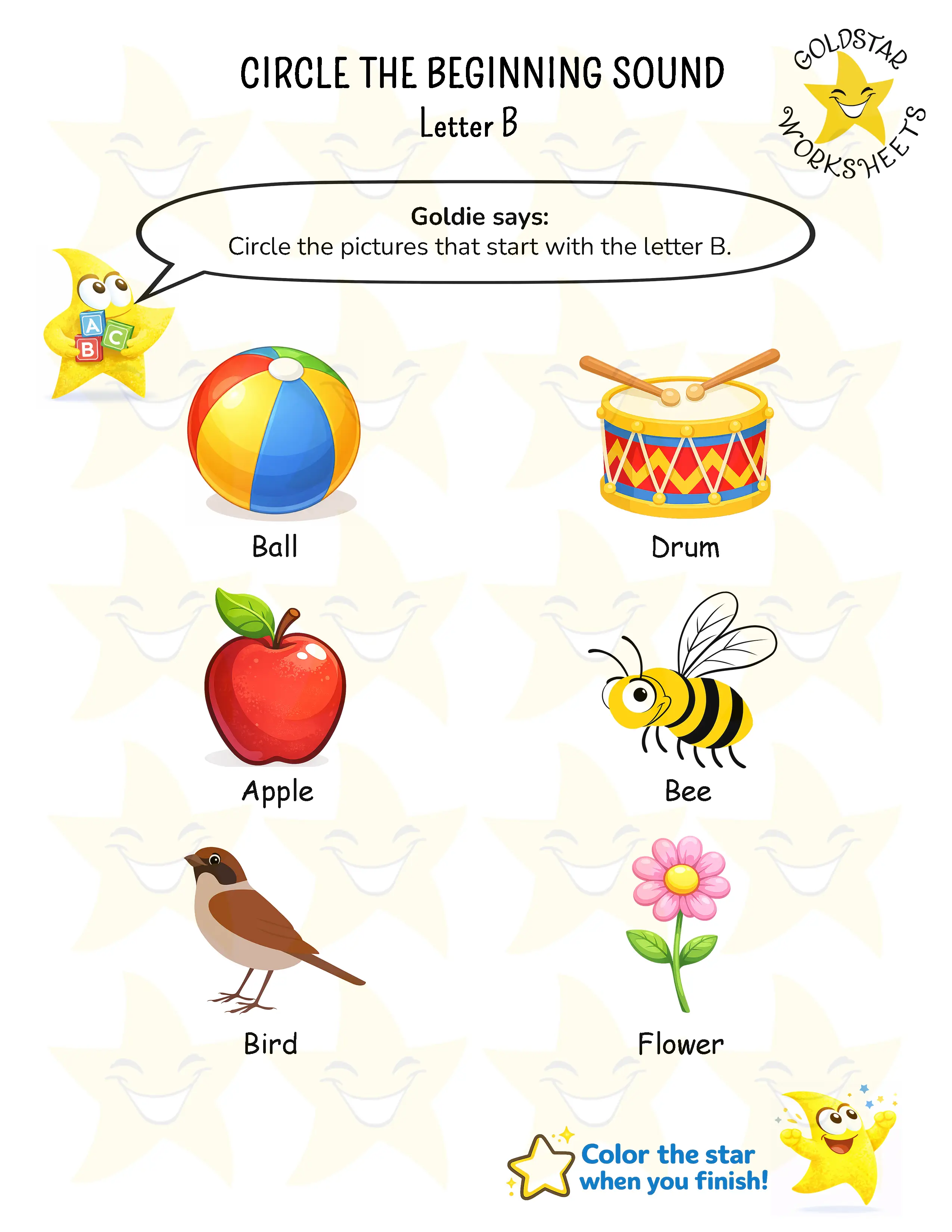 Circle words starting with B worksheet