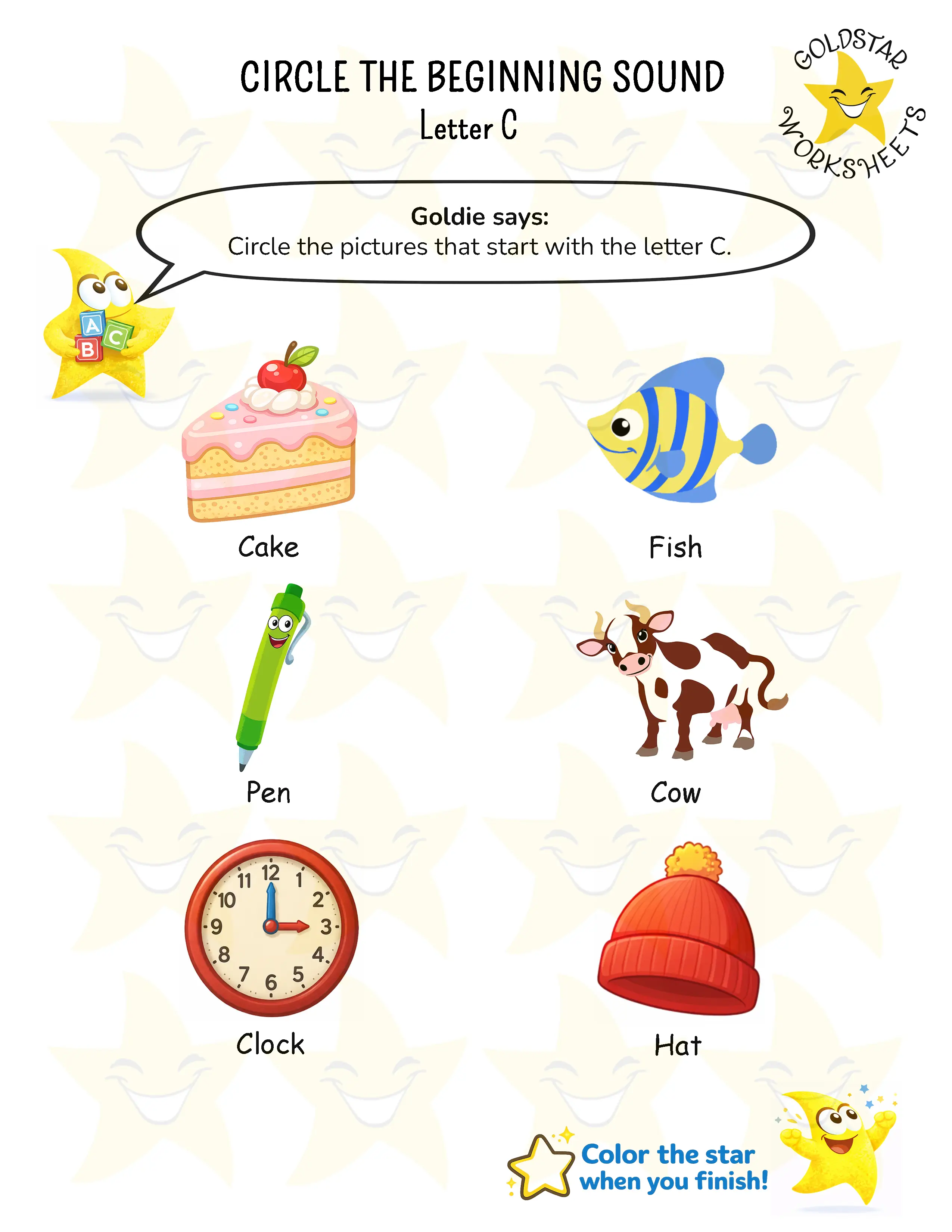 Circle words starting with letter C worksheet