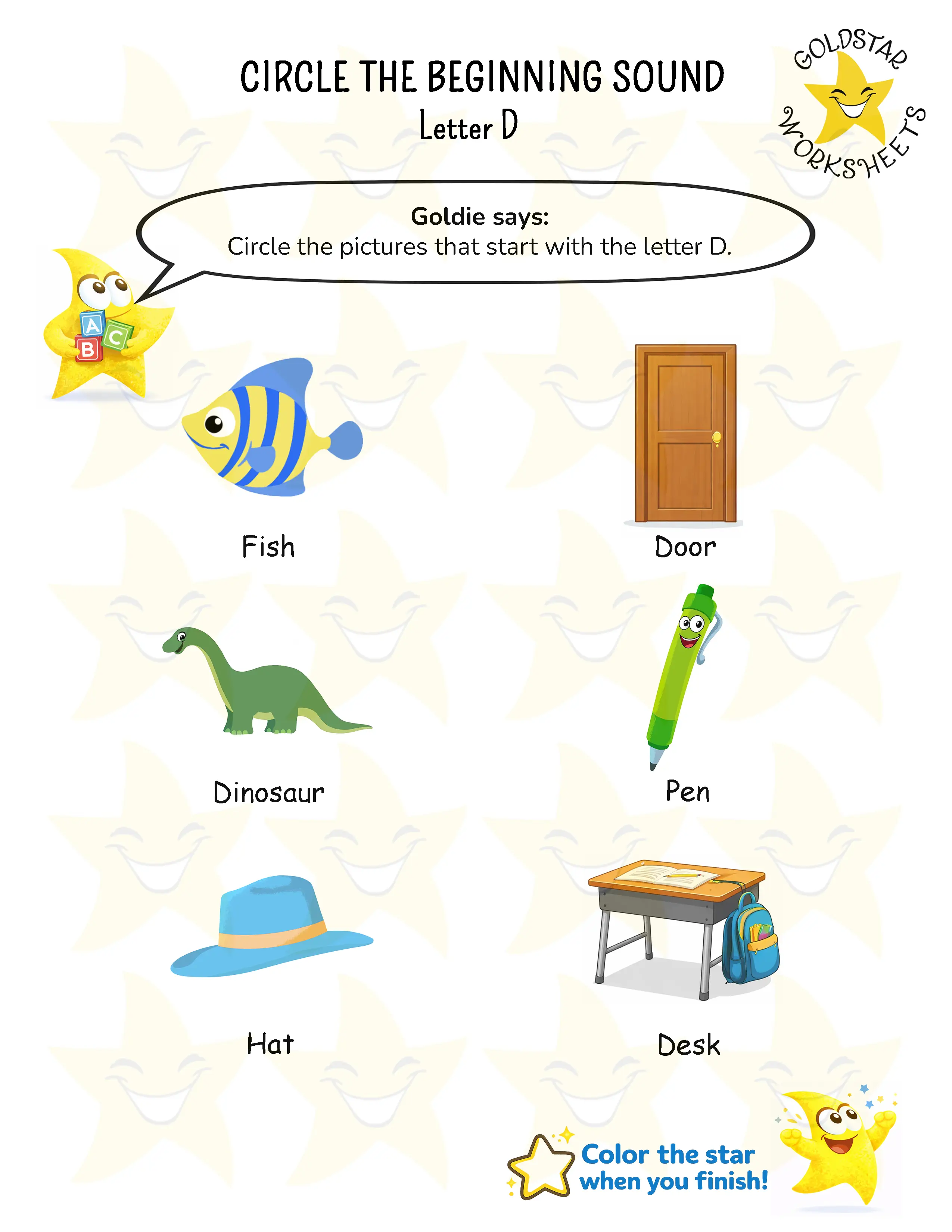 Circle words starting with letter D worksheet