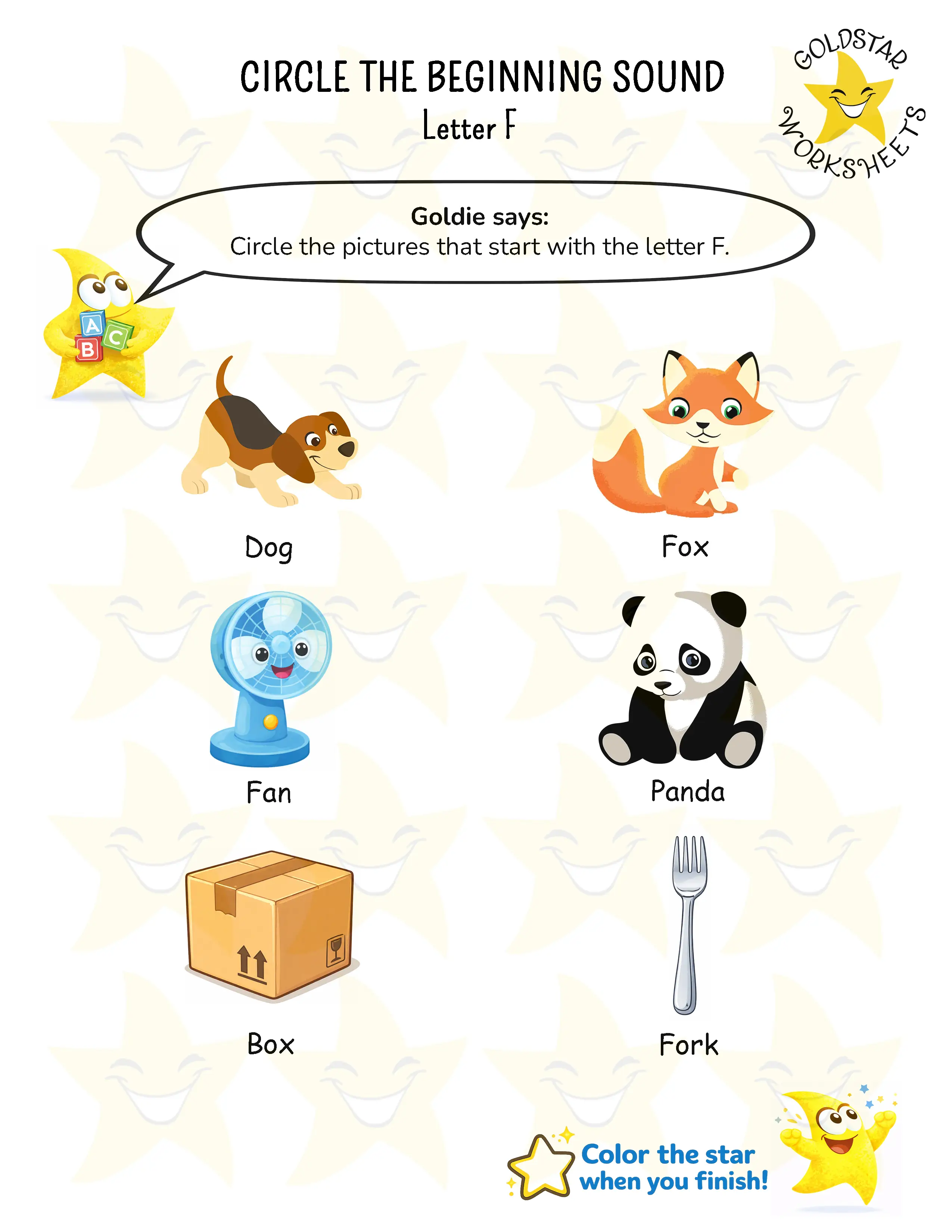 Circle words starting with letter F worksheet
