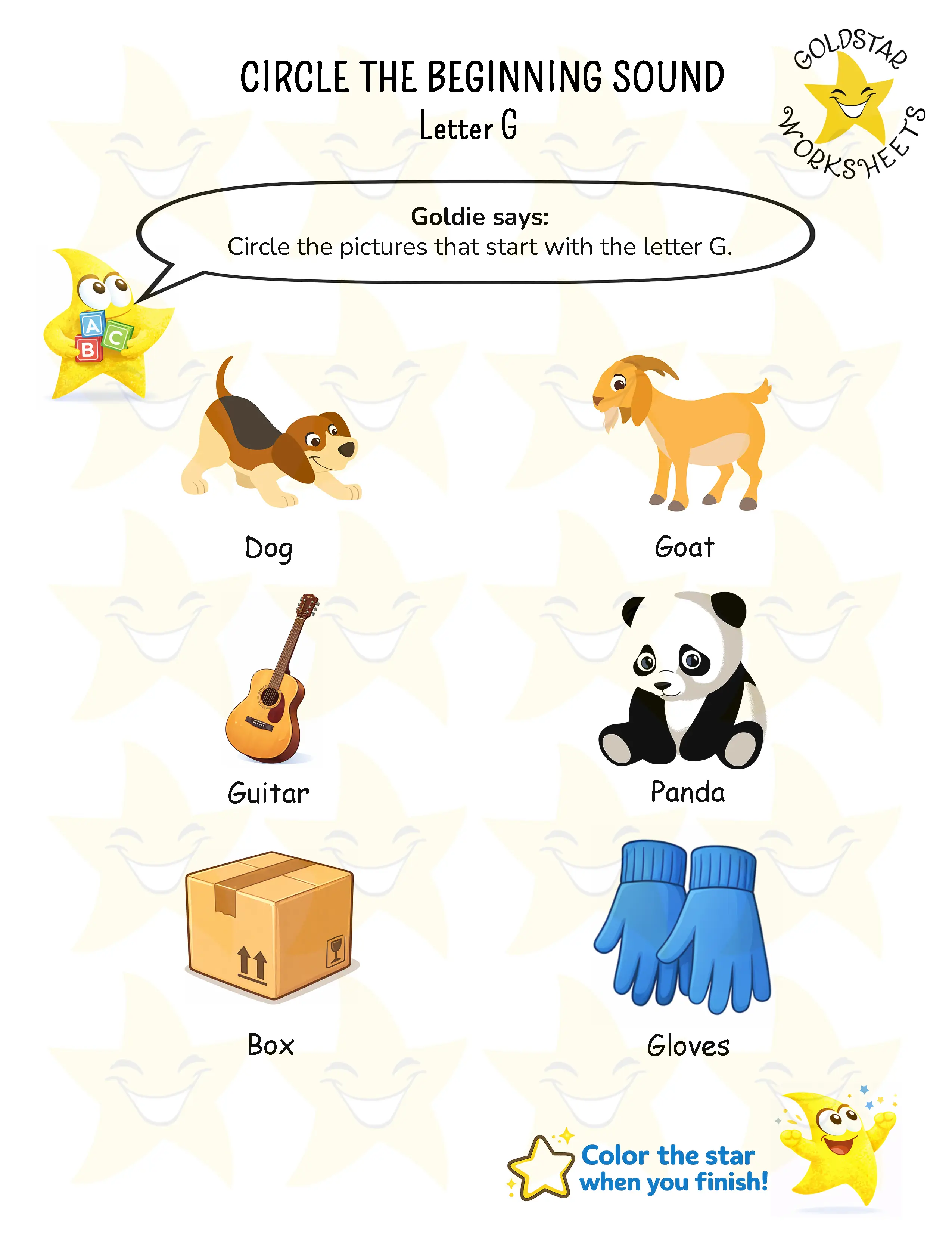 Circle words starting with G worksheet