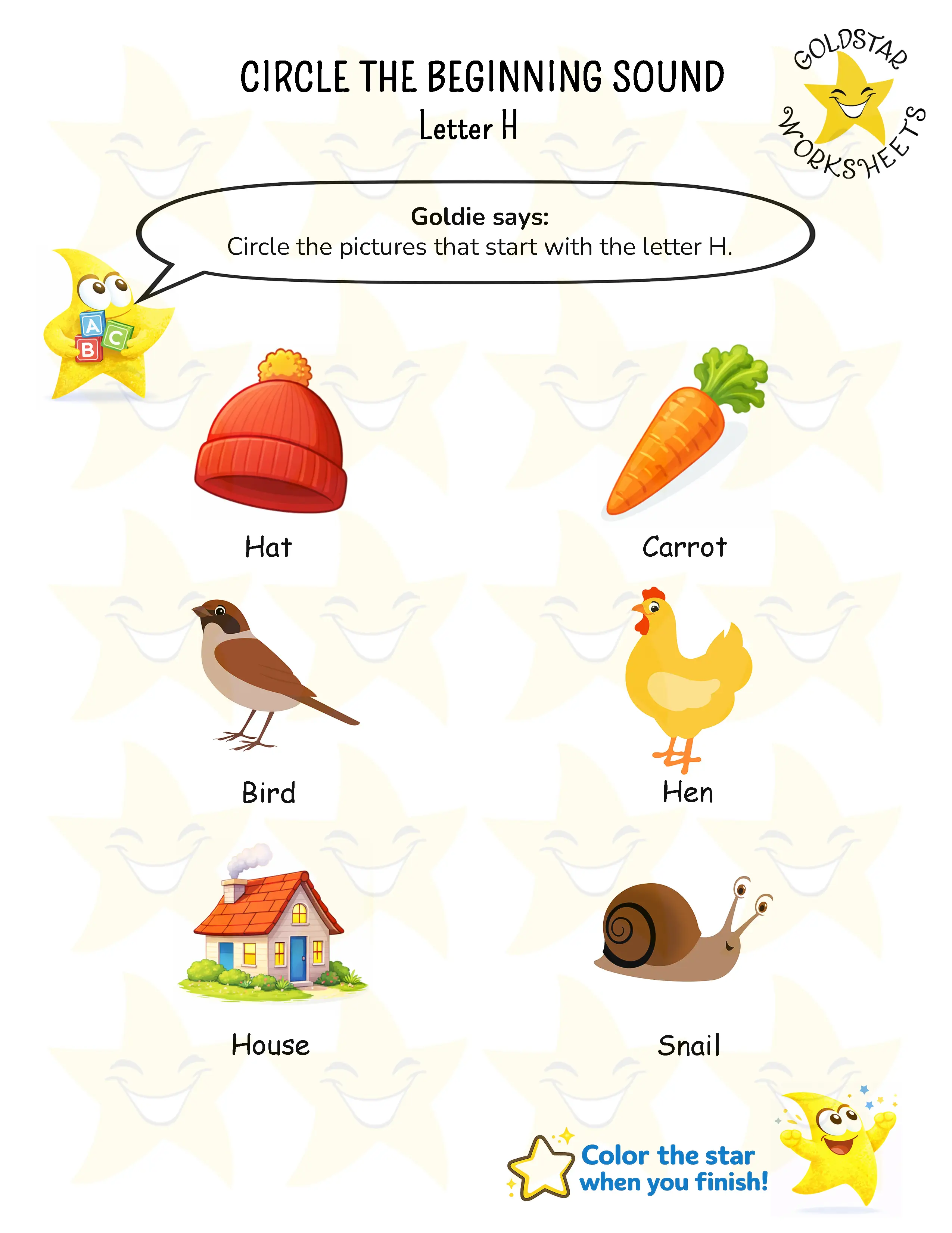 Circle words starting with H worksheet