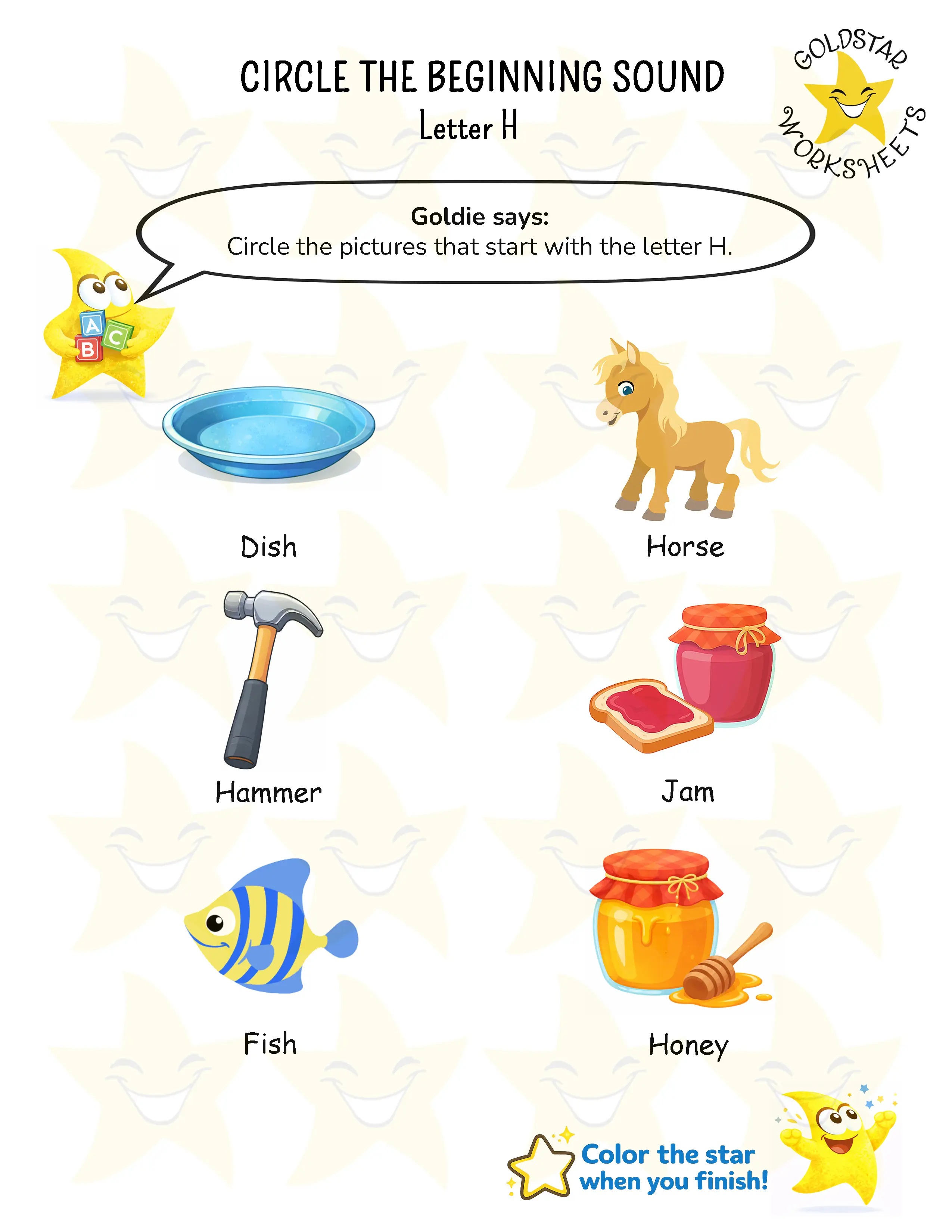 Circle words starting with letter H worksheet