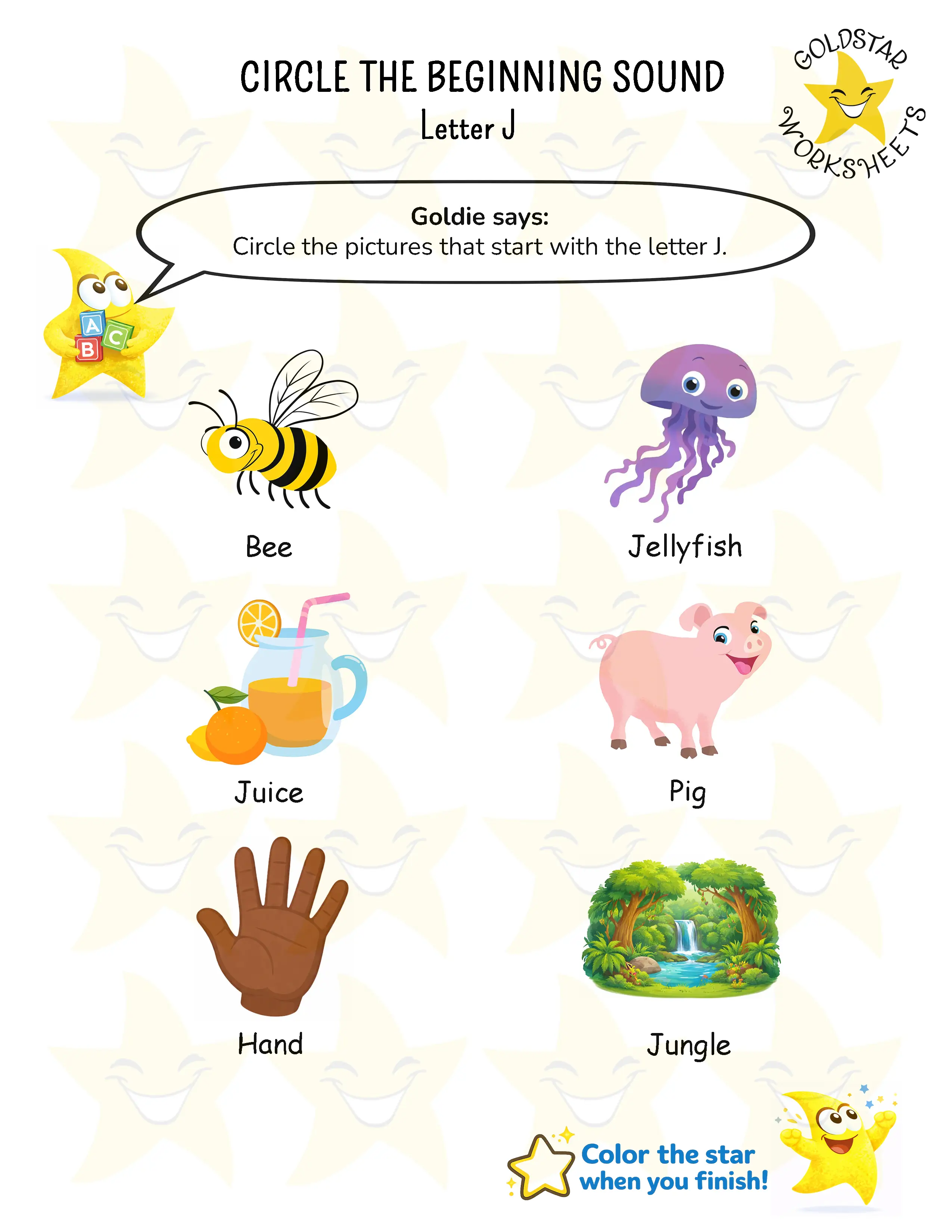Circle words starting with letter J worksheet