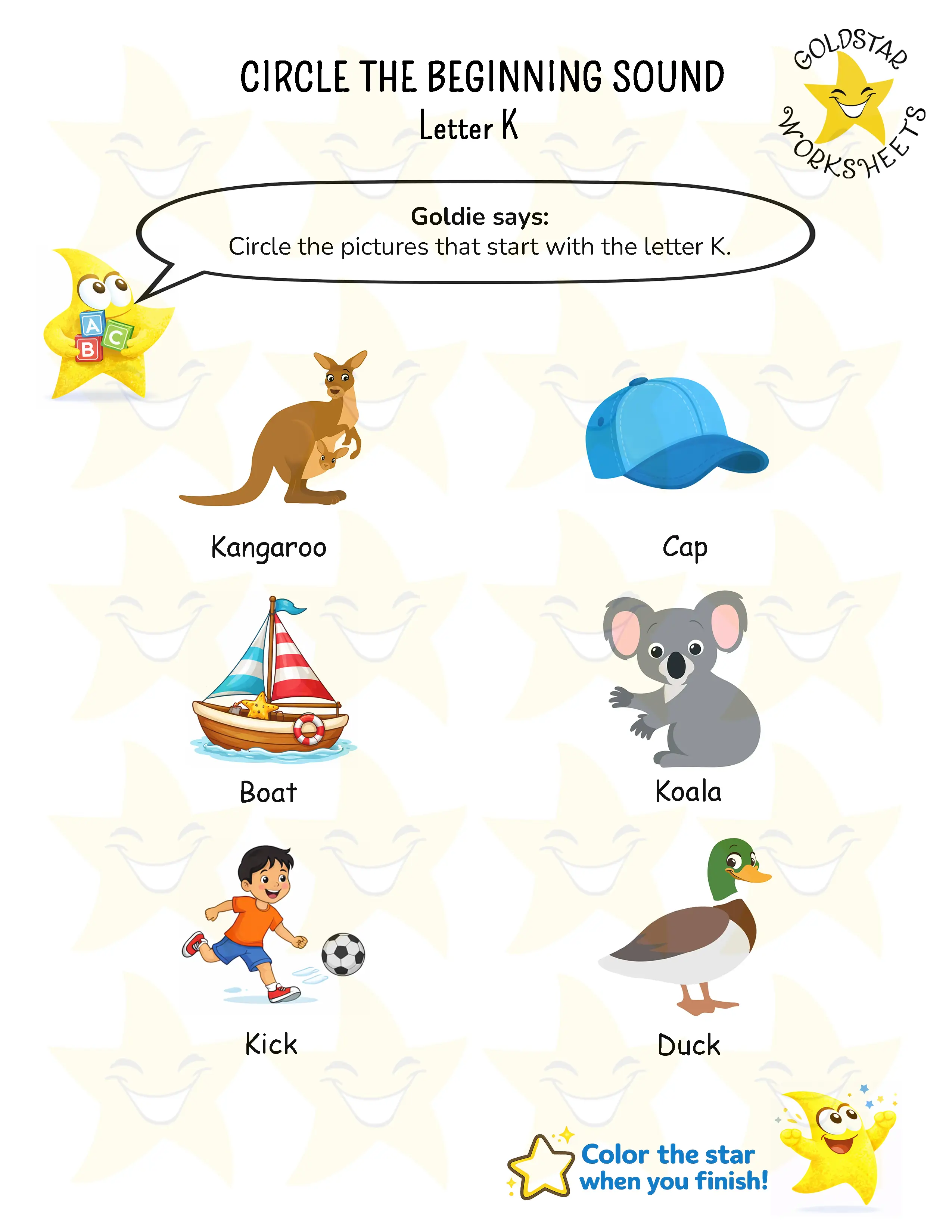 Circle words starting with letter K worksheet