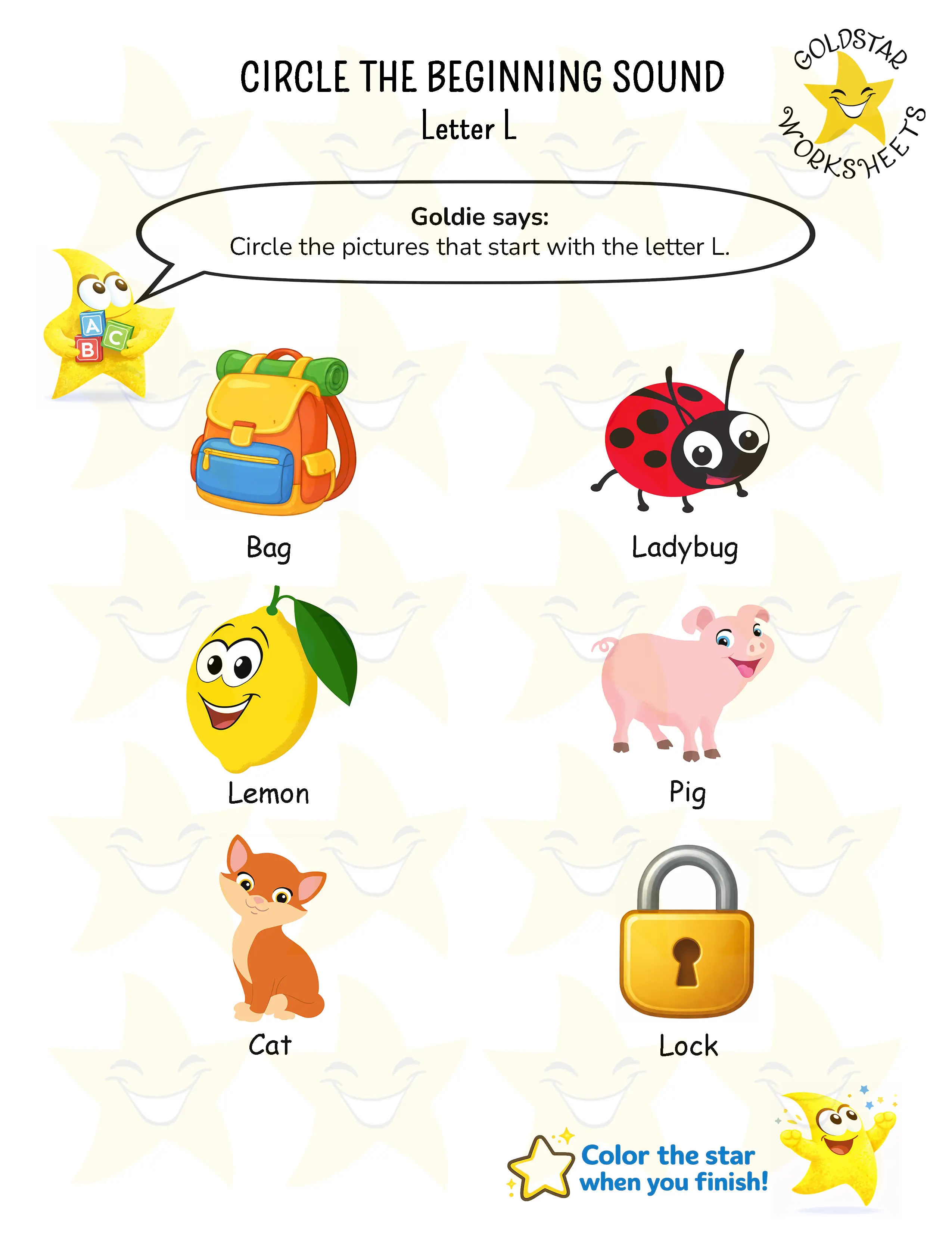 Circle words starting with letter L worksheet