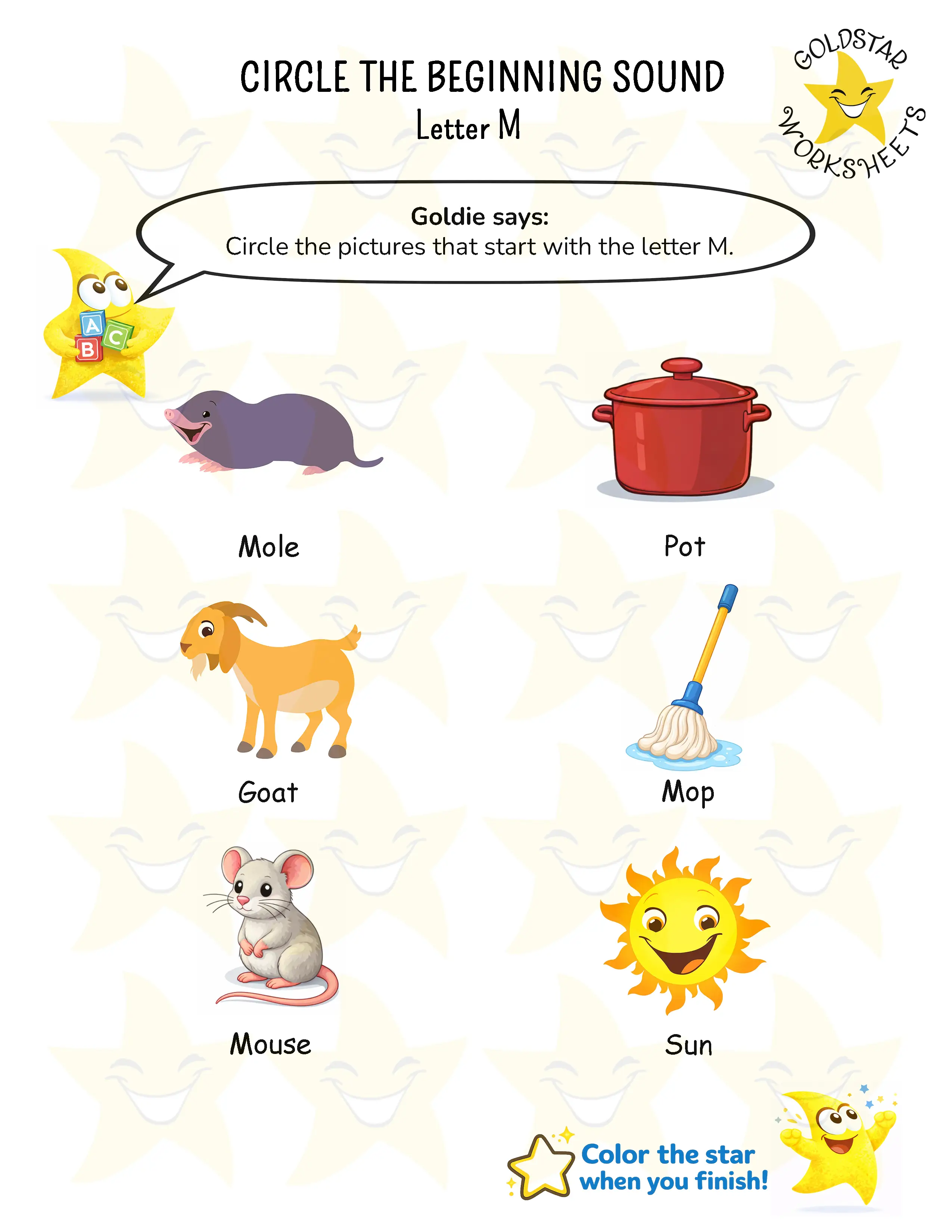Circle words starting with letter M worksheet