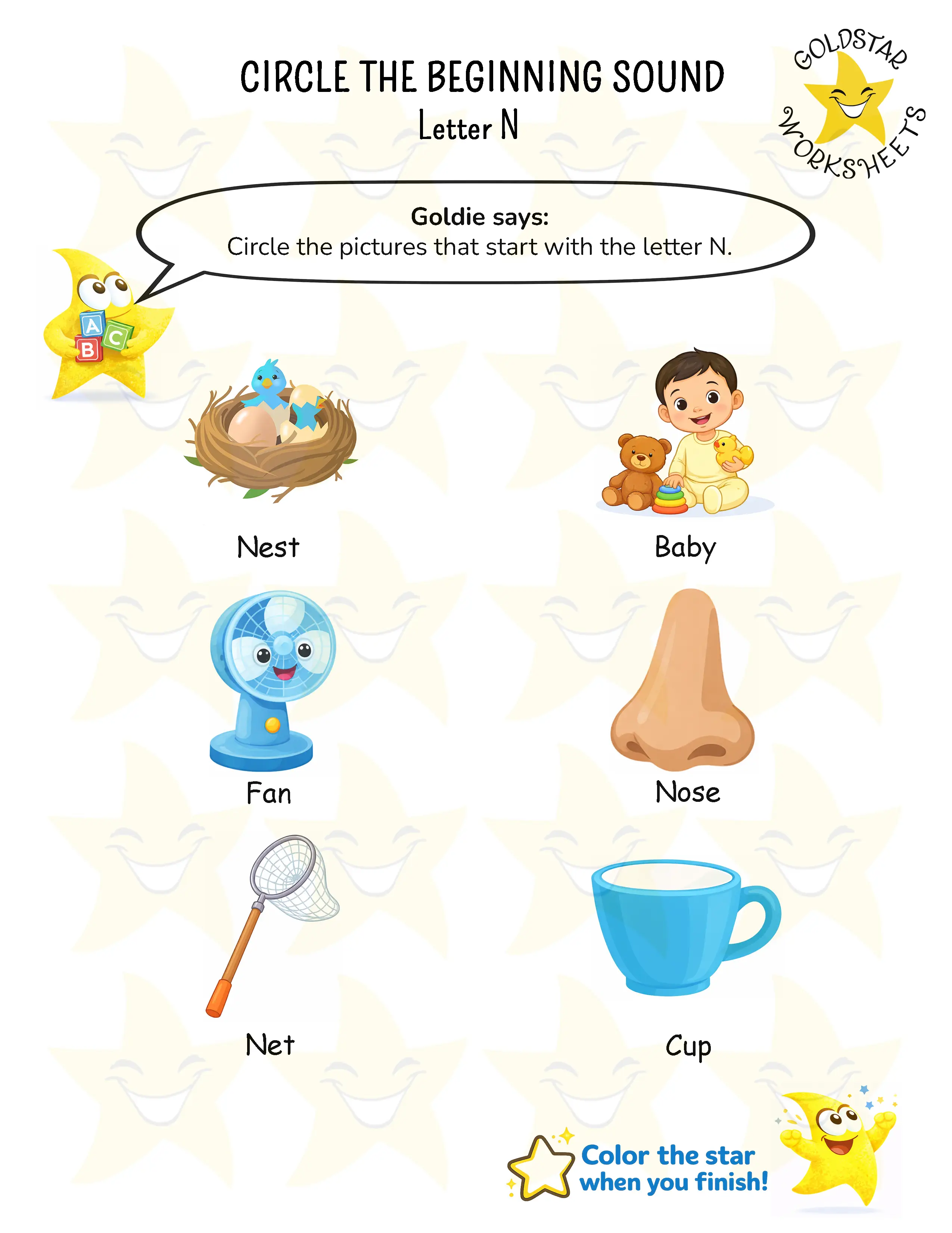 Circle words starting with N worksheet