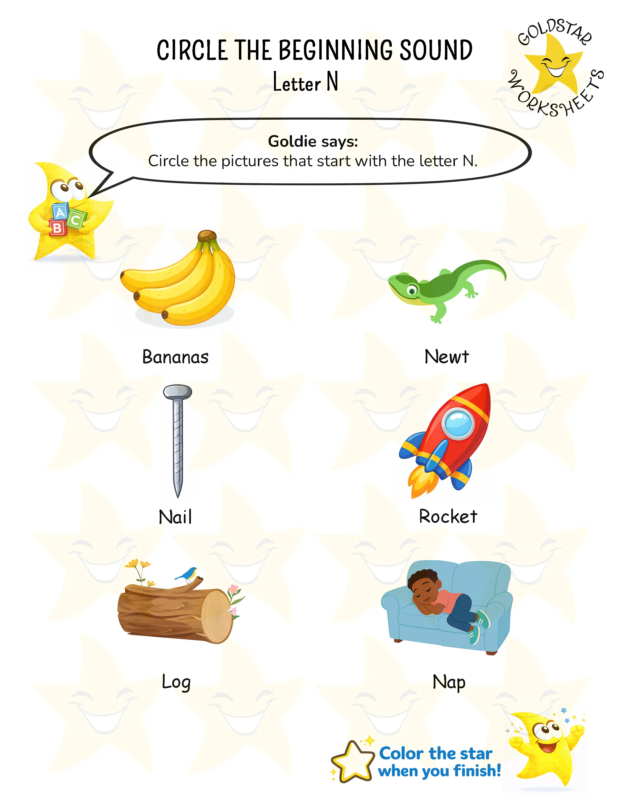 Circle words starting with letter N worksheet