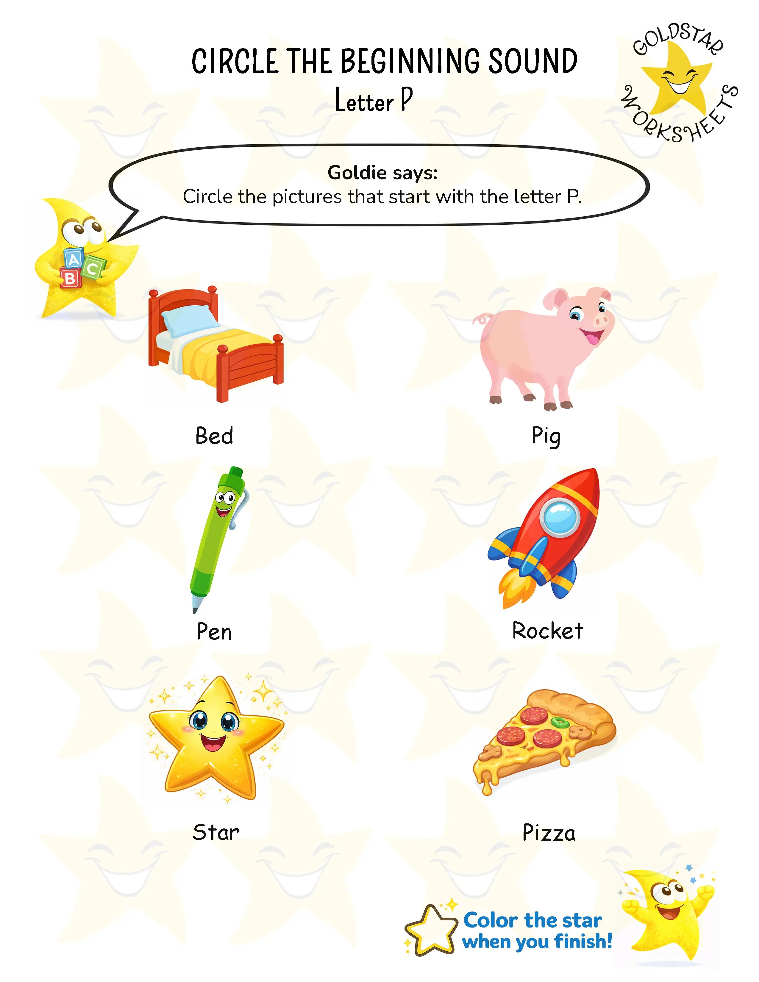 Circle words starting with P worksheet