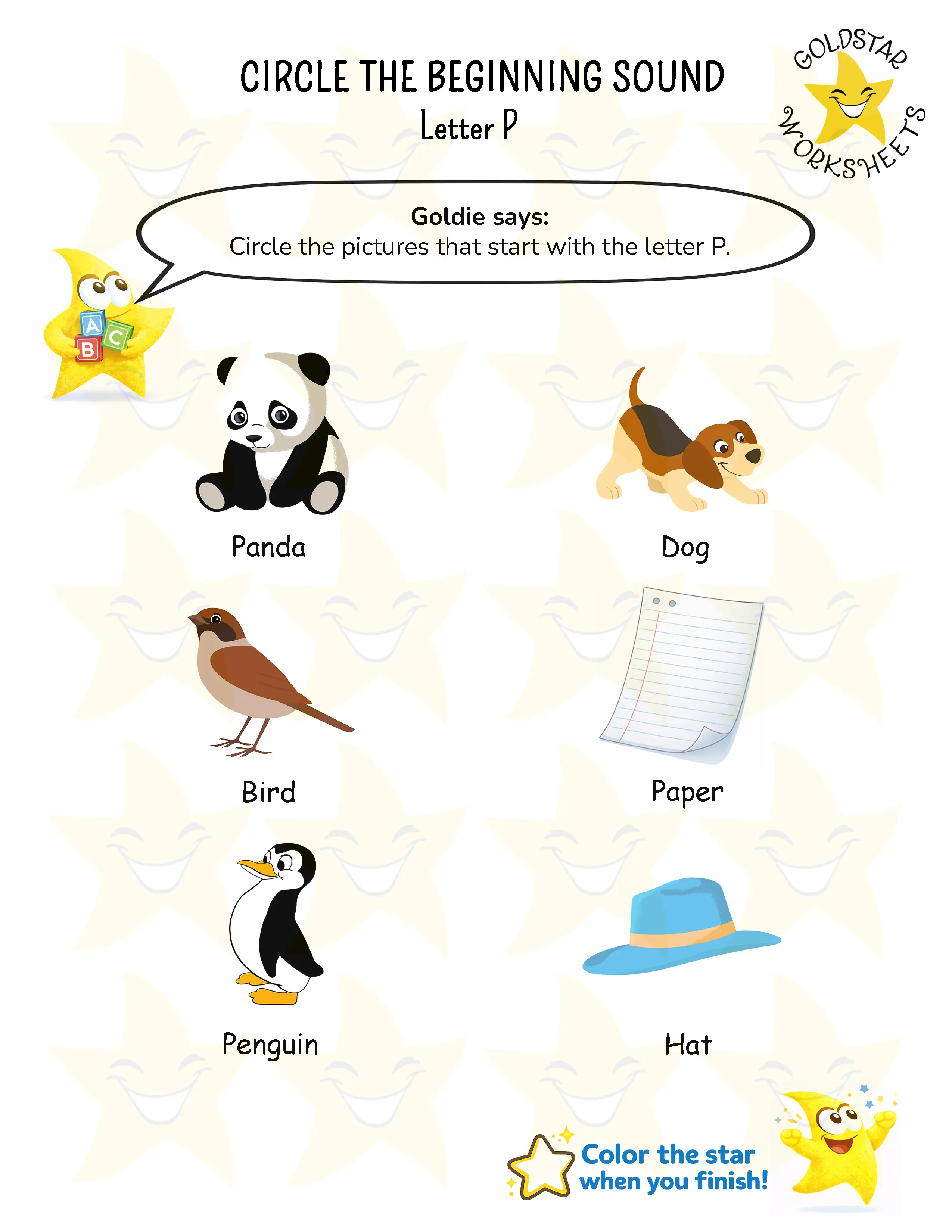 Circle words starting with letter P worksheet