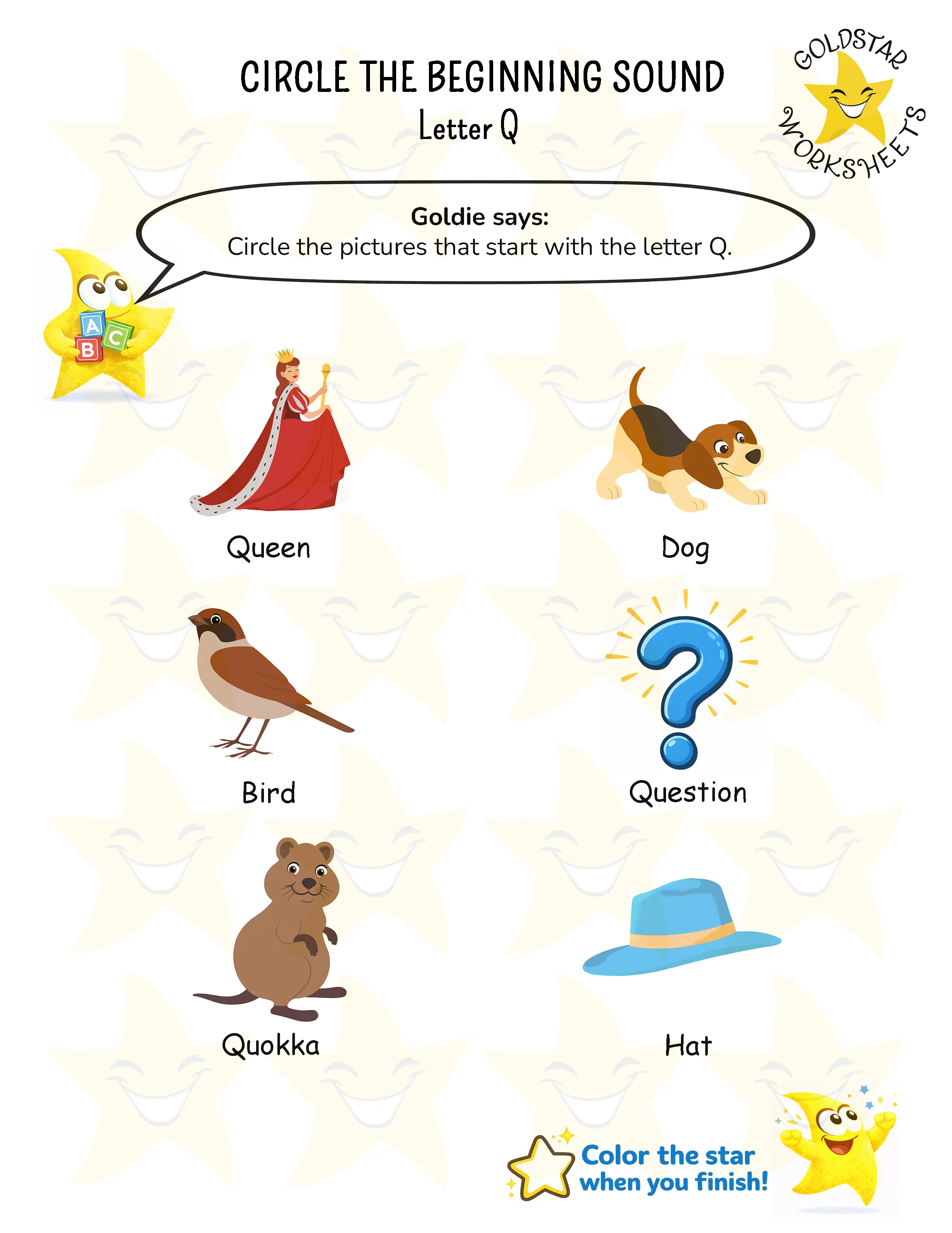 Circle words starting with Q worksheet