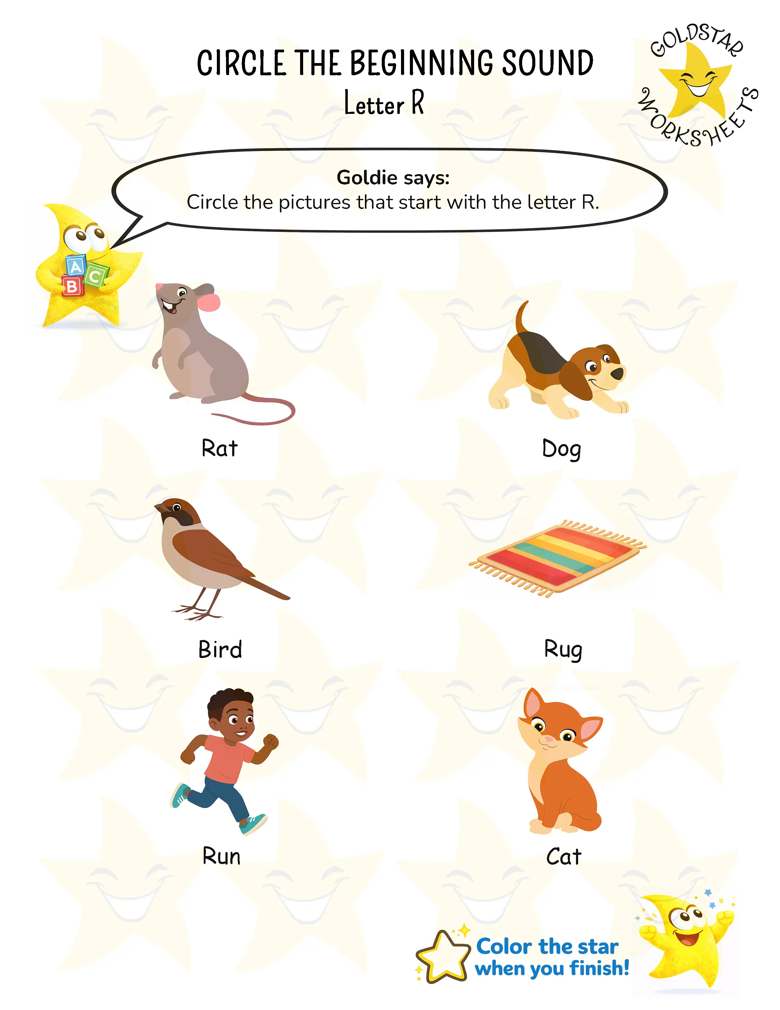 Circle words starting with R worksheet