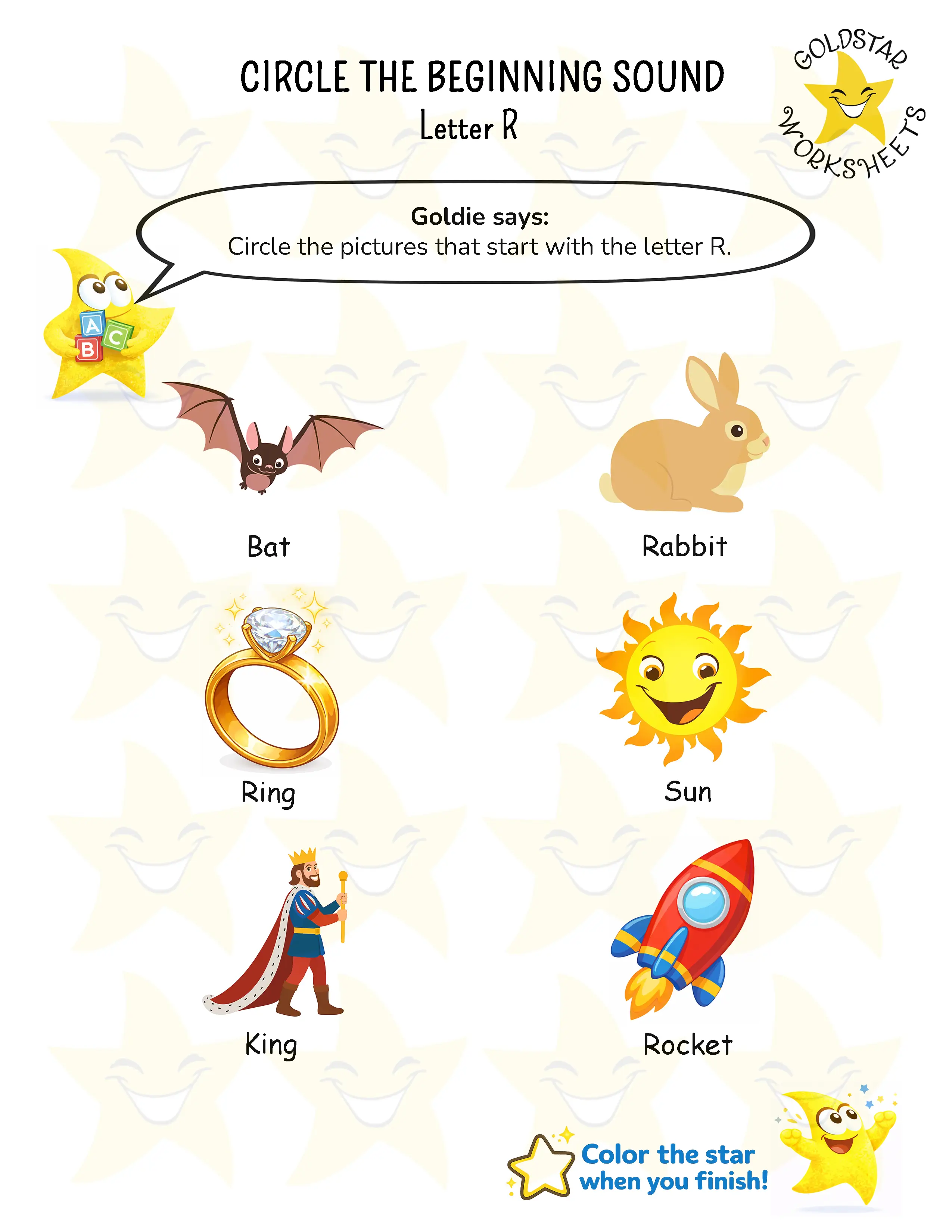 Circle words starting with letter R worksheet