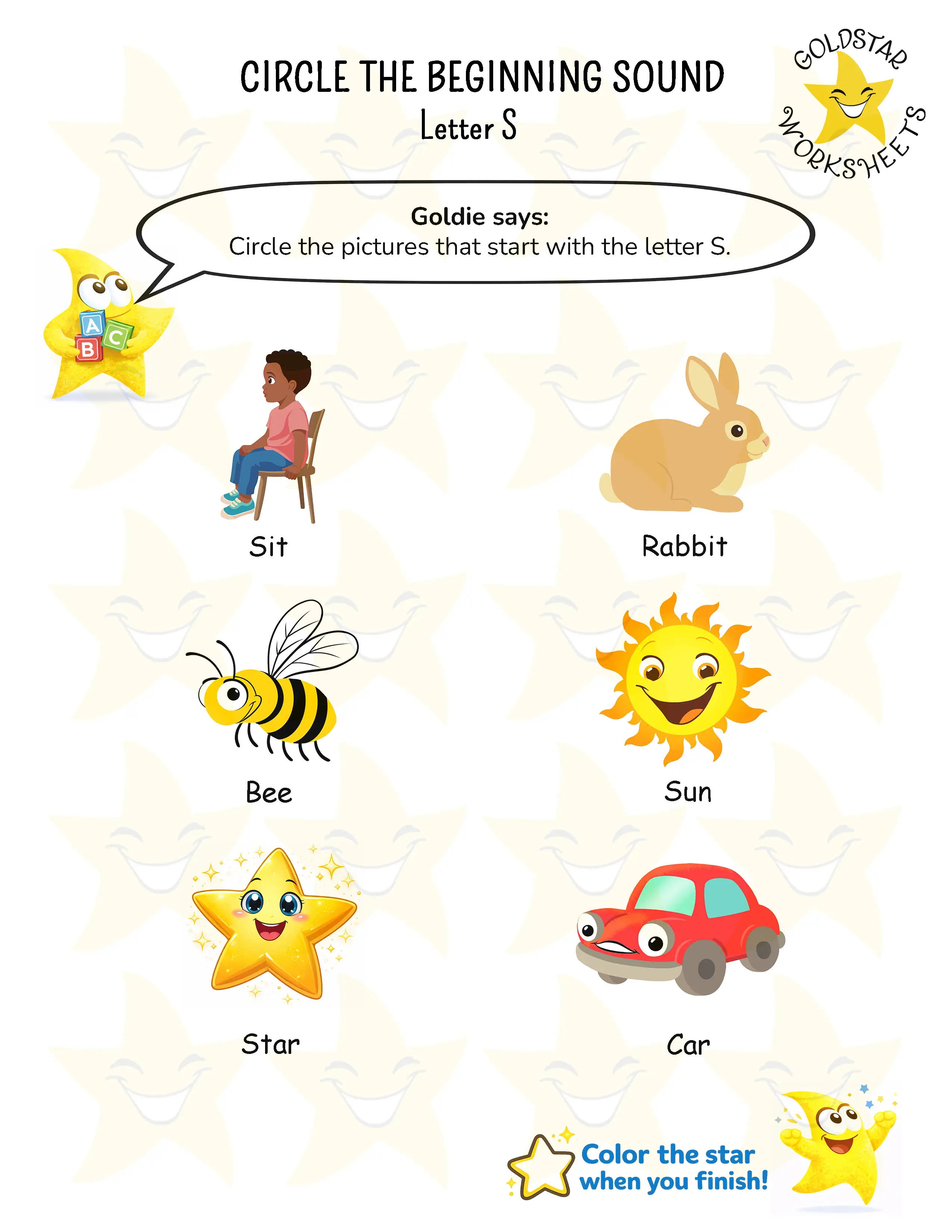 Circle words starting with S worksheet