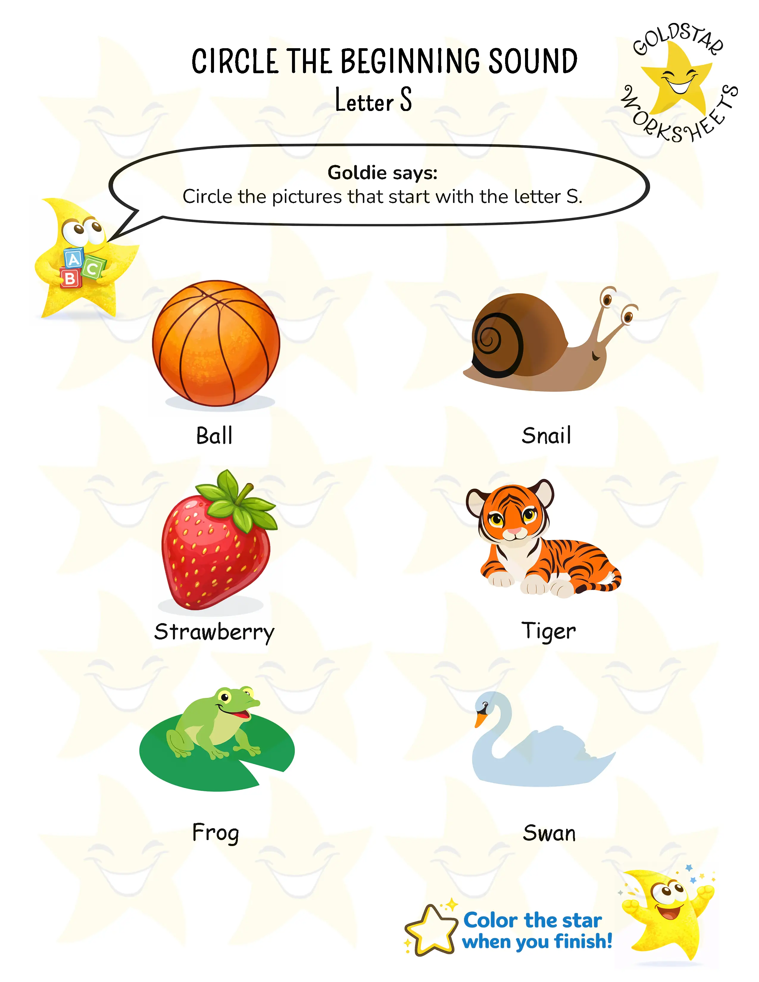 Circle words starting with letter S worksheet