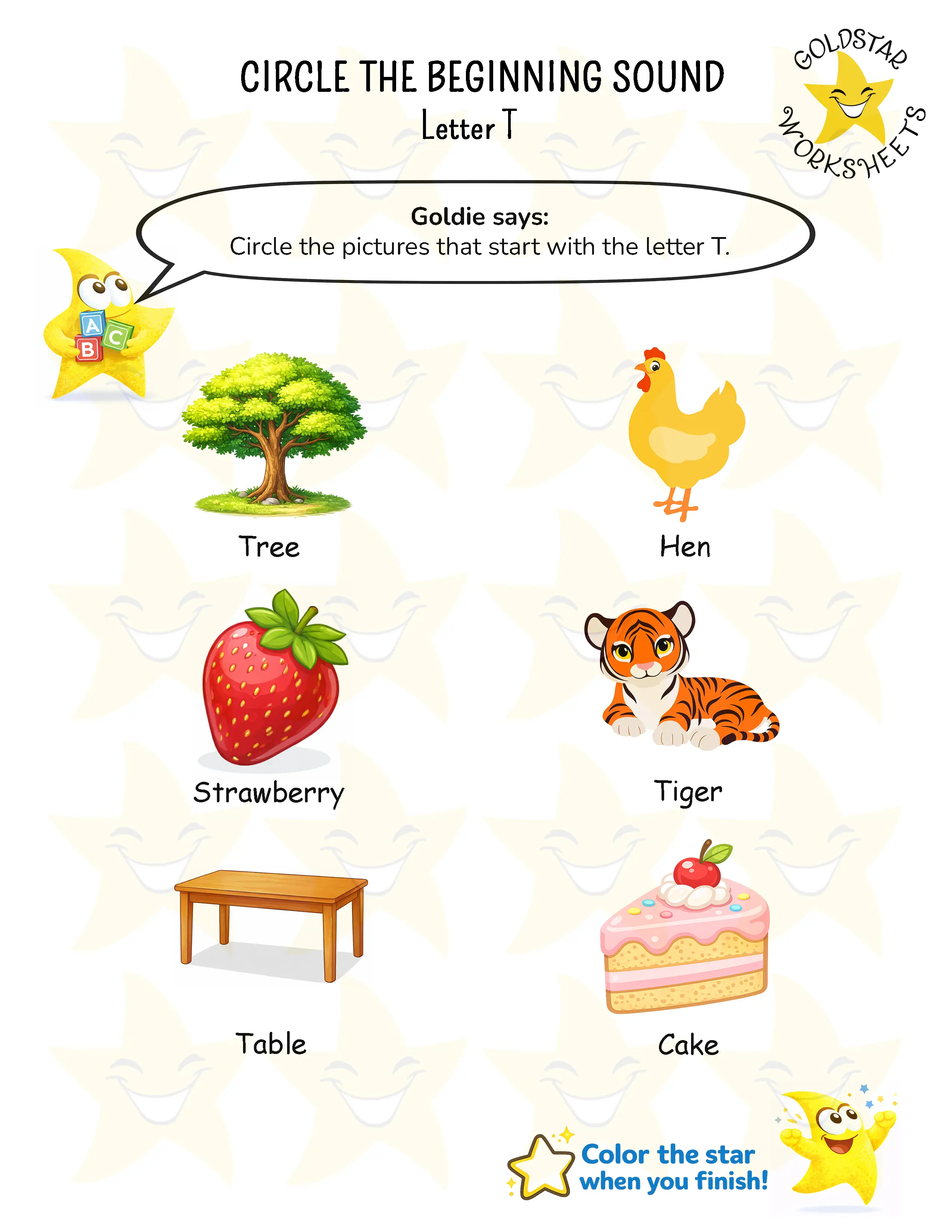 Circle words starting with T worksheet