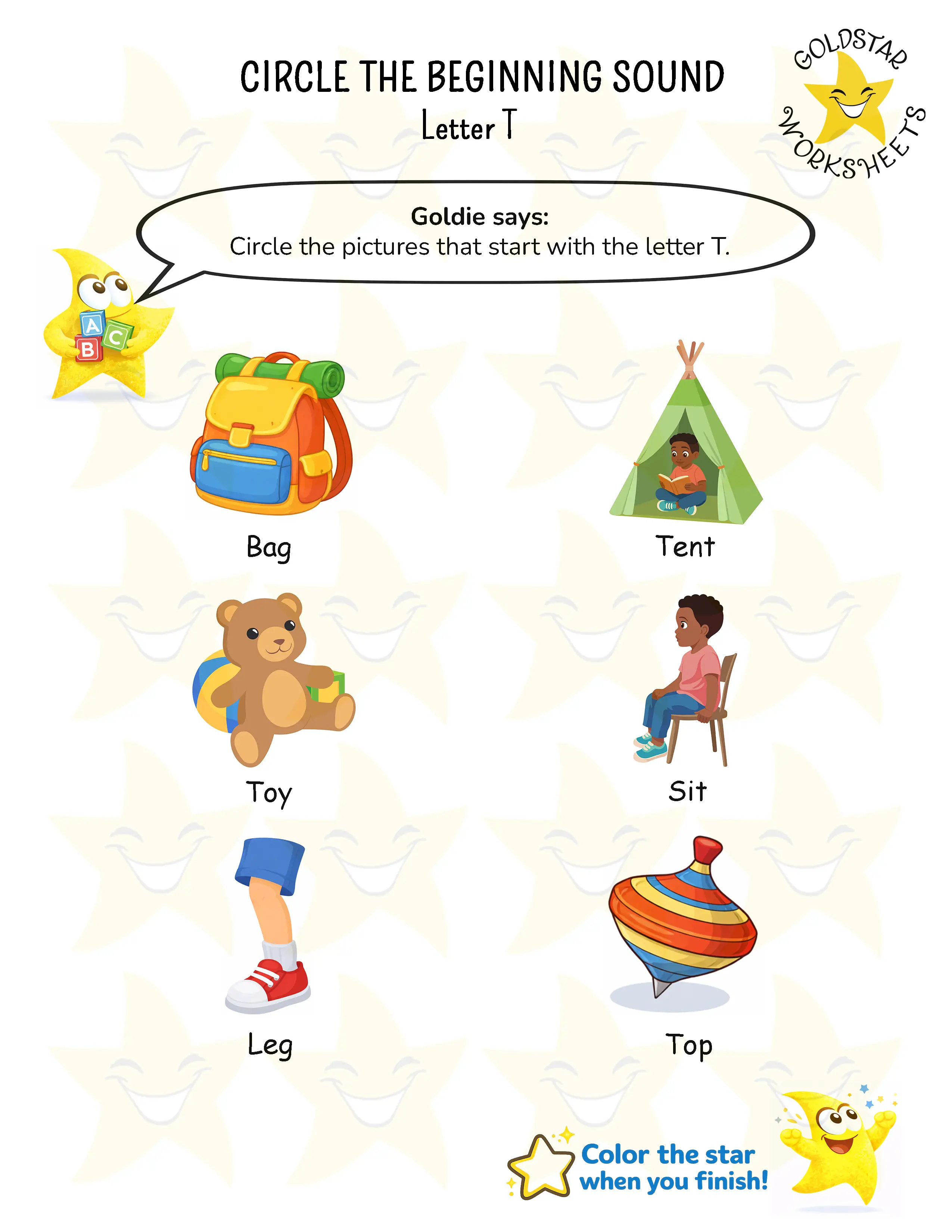 Circle words starting with letter T worksheet