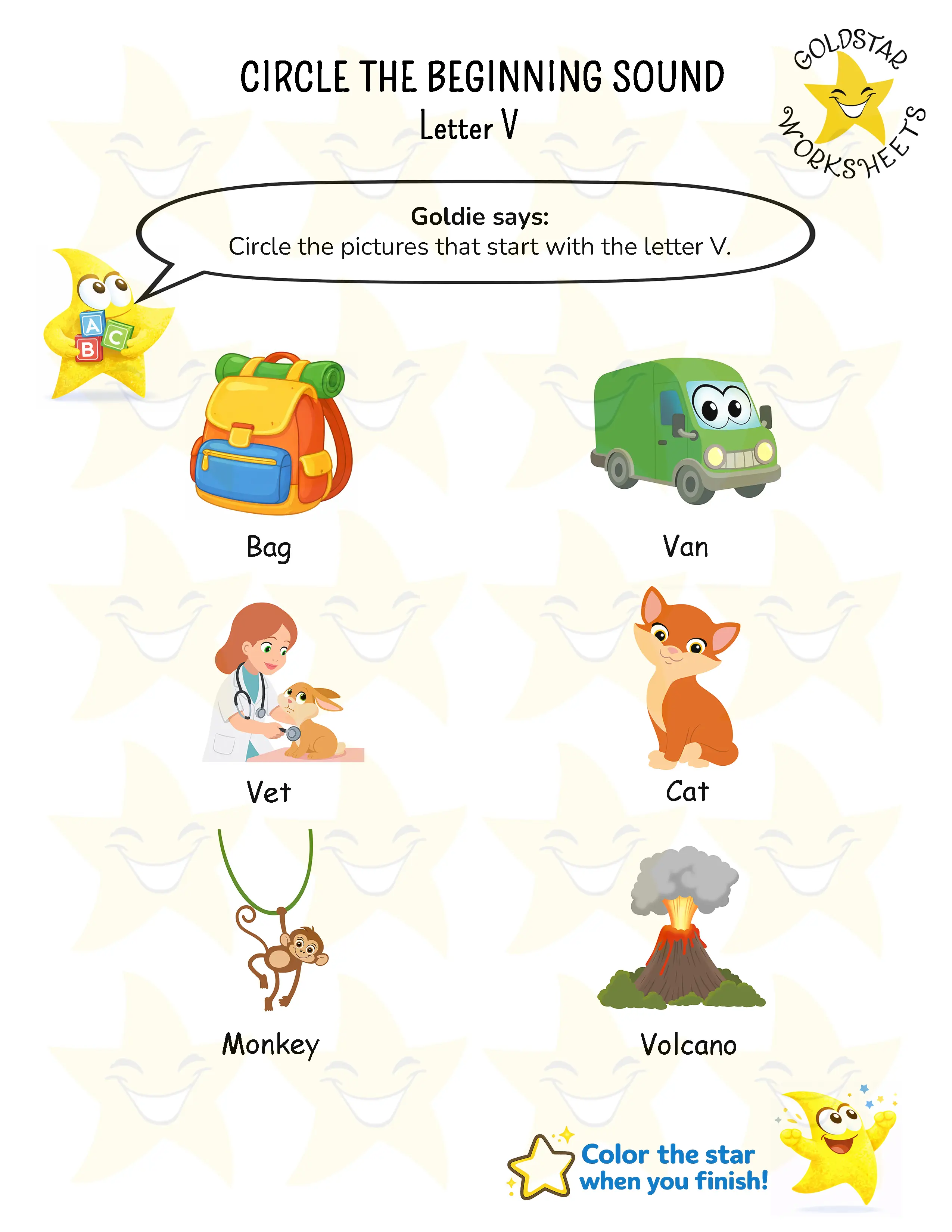 Circle words starting with V worksheet
