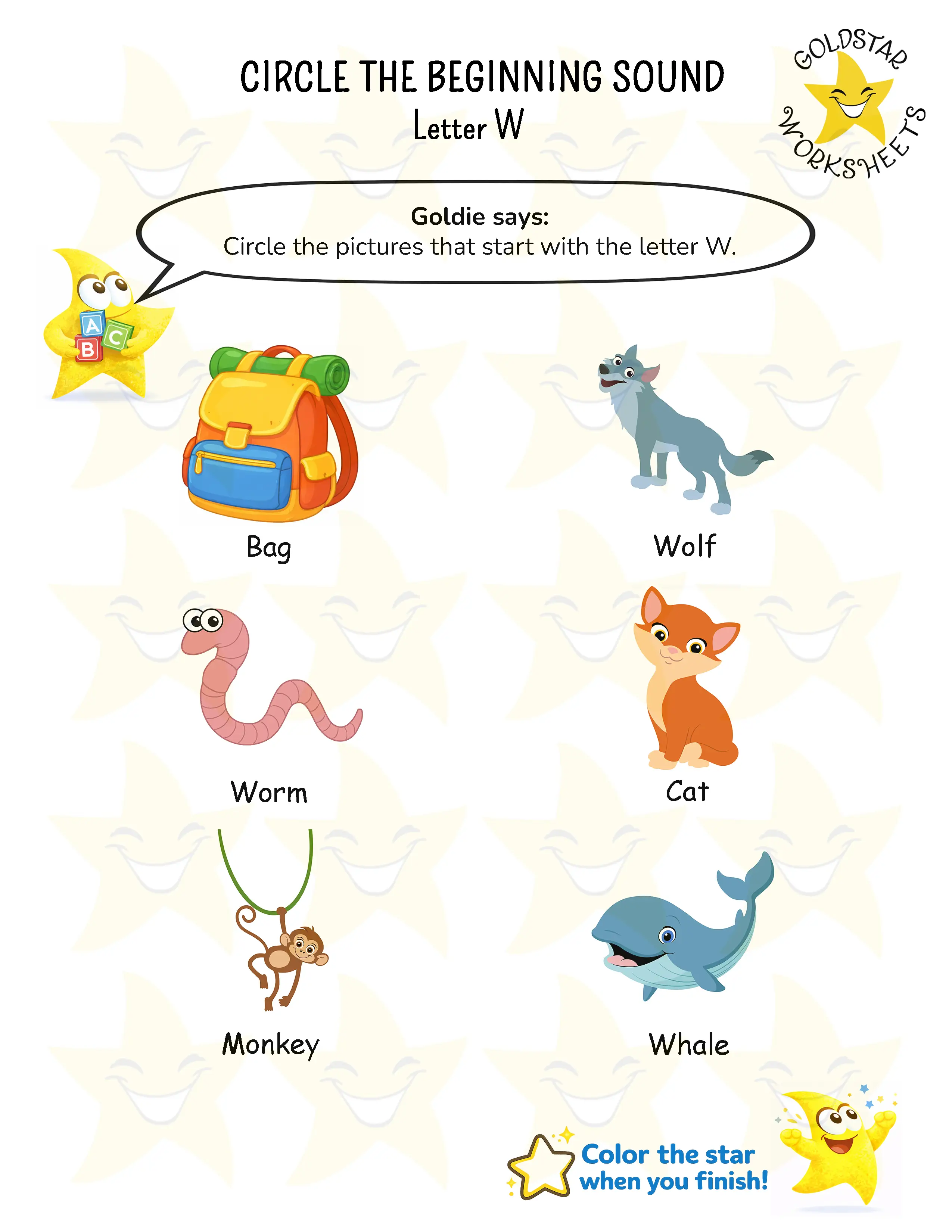 Circle words starting with W worksheet