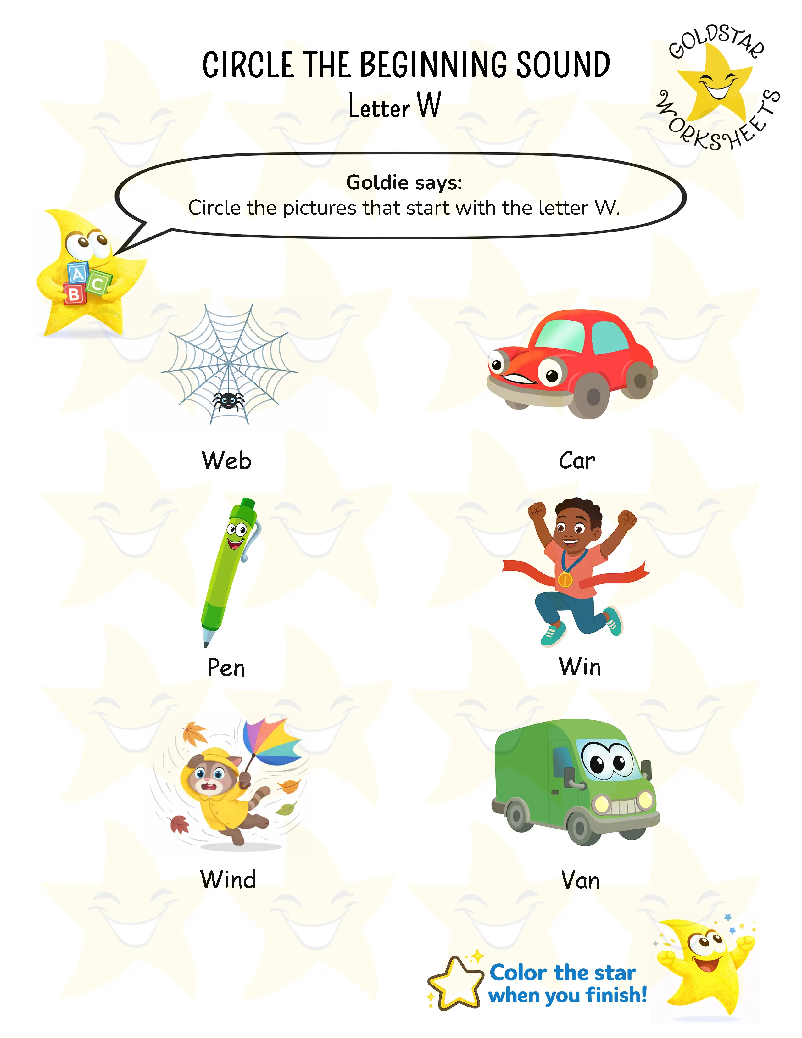 Circle words starting with letter W worksheet