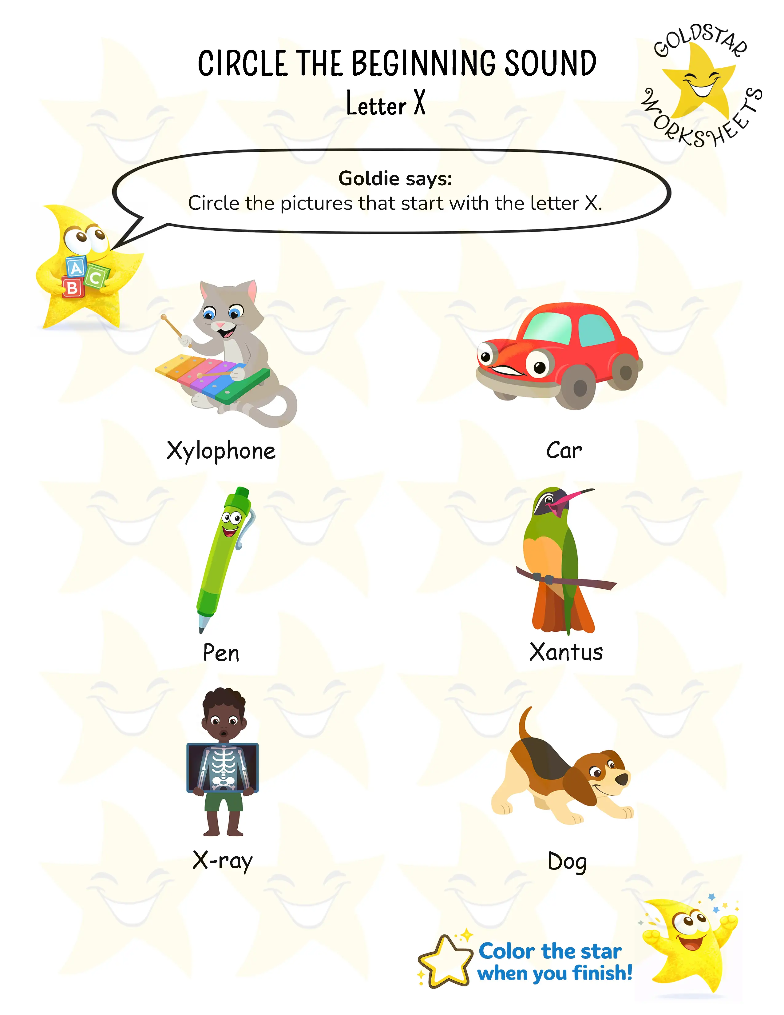 Circle words starting with X worksheet
