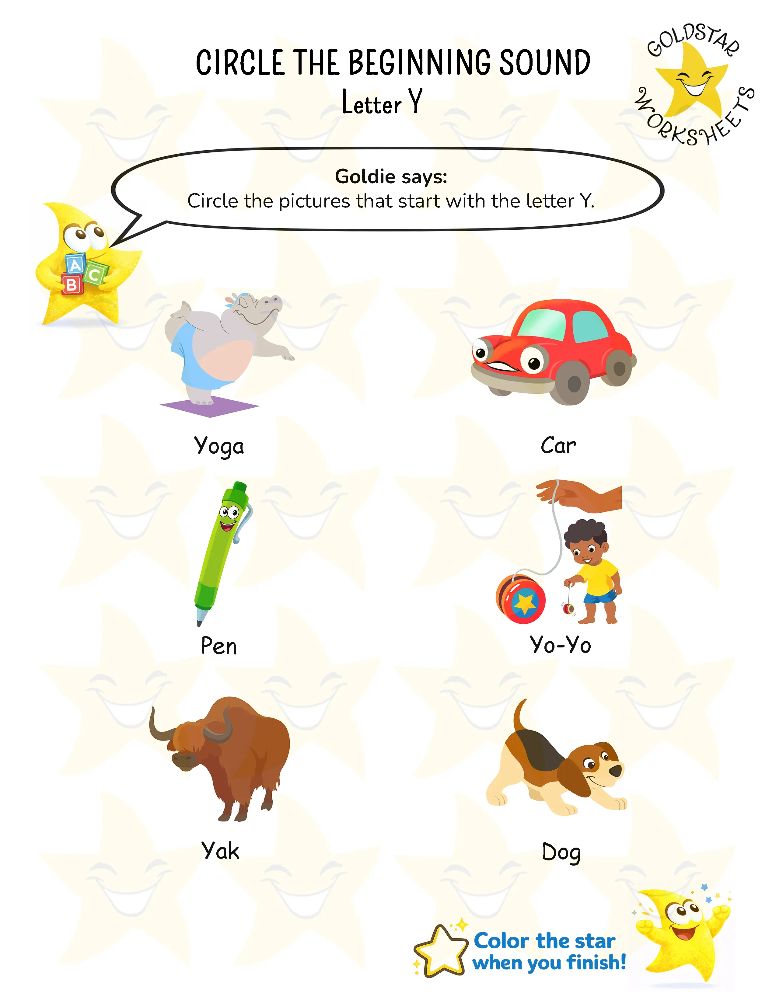 Circle words starting with Y worksheet