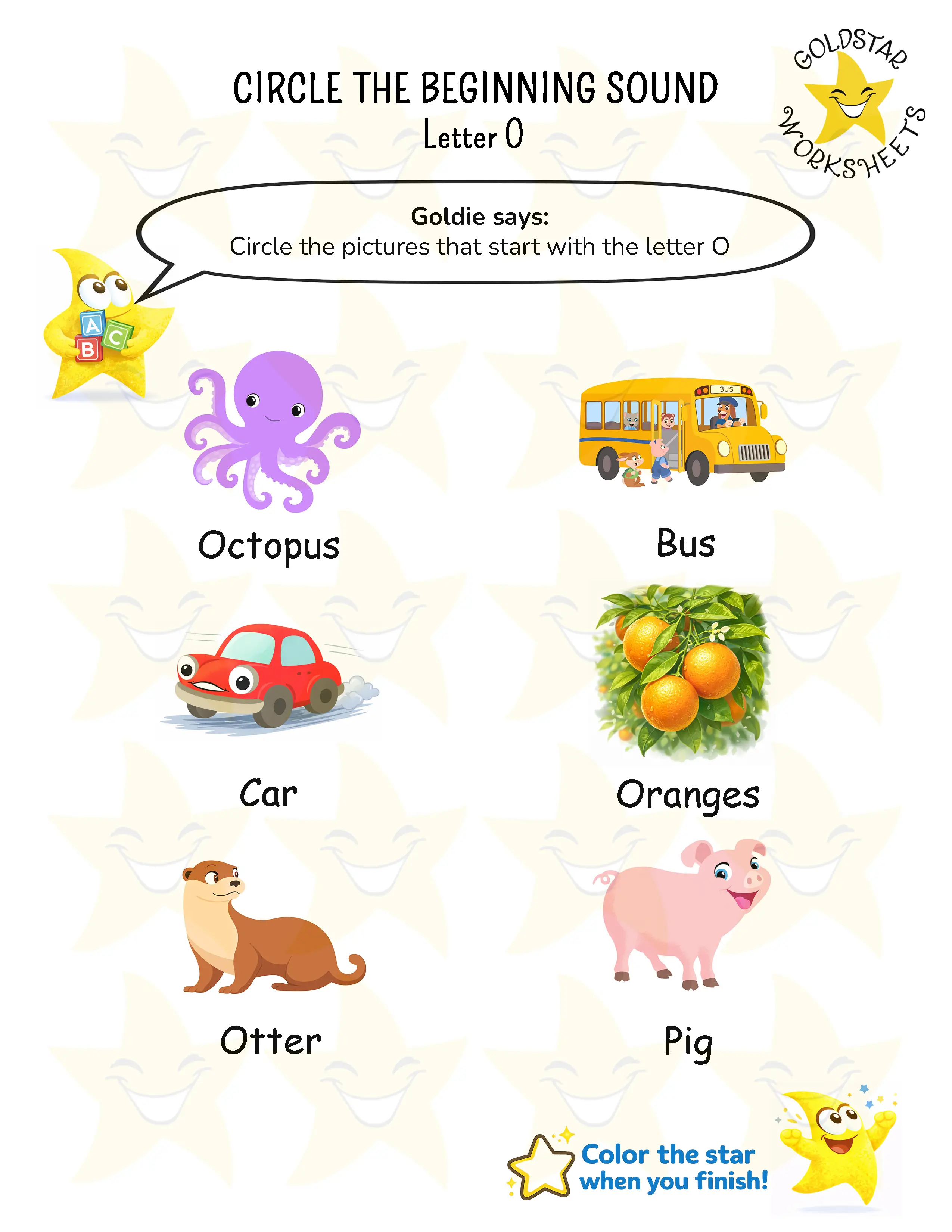 Practice recognizing beginning words with the short O vowel sound through clear phonics exercises.